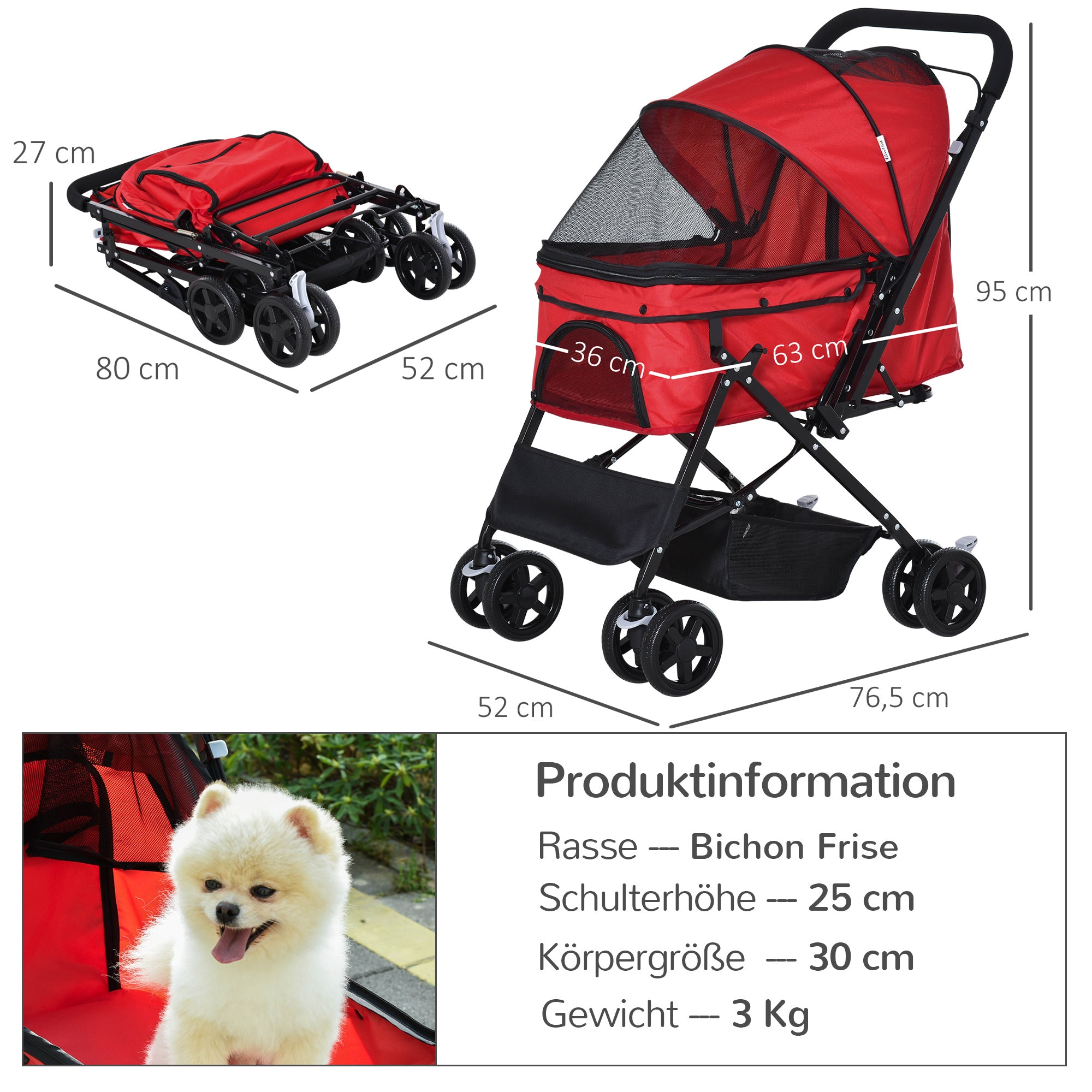 PawHut Hundebuggy Hundewagen bis 10kg klappbar verstellbares Vordach Oxford Rot 76,5 x 52 x 95 cm