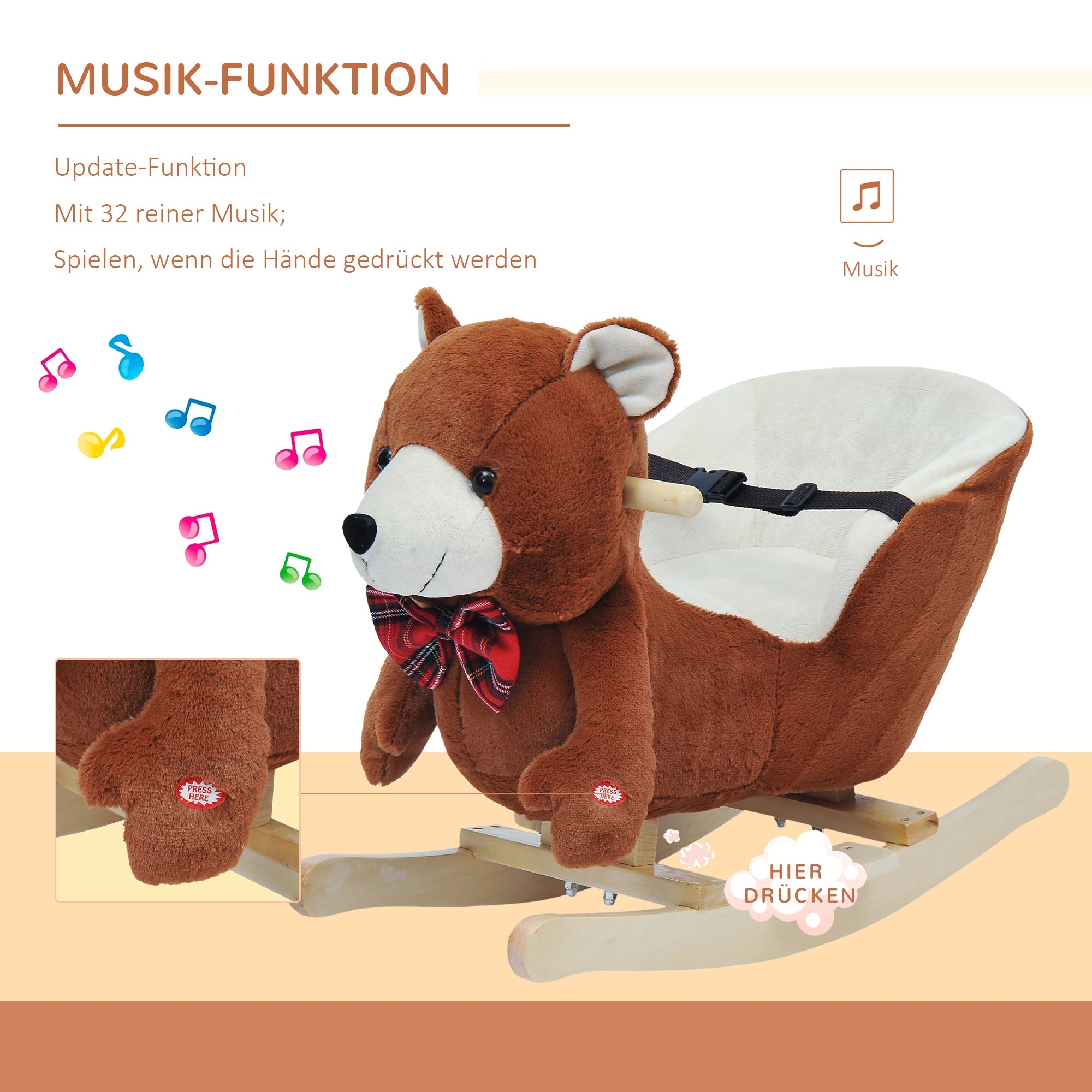 HOMCOM Schaukeltier Bär mit Musik Sicherheitsgurt Plüsch