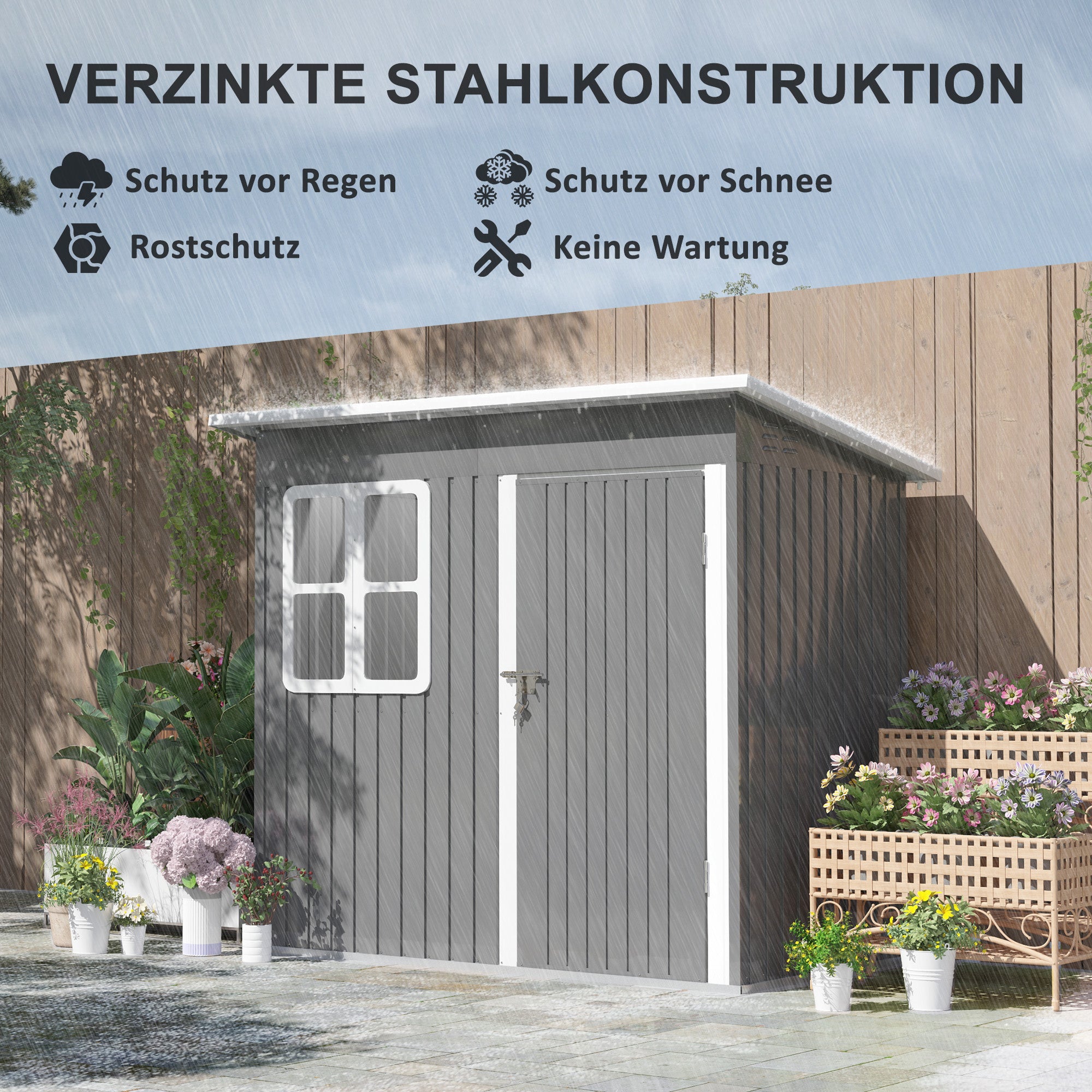Outsunny Gartenschuppen, Gartenhaus mit Fenster, verschließbare Tür, für Garten, Terrasse, Stahl, 221L x 133B x 190H cm, Grau