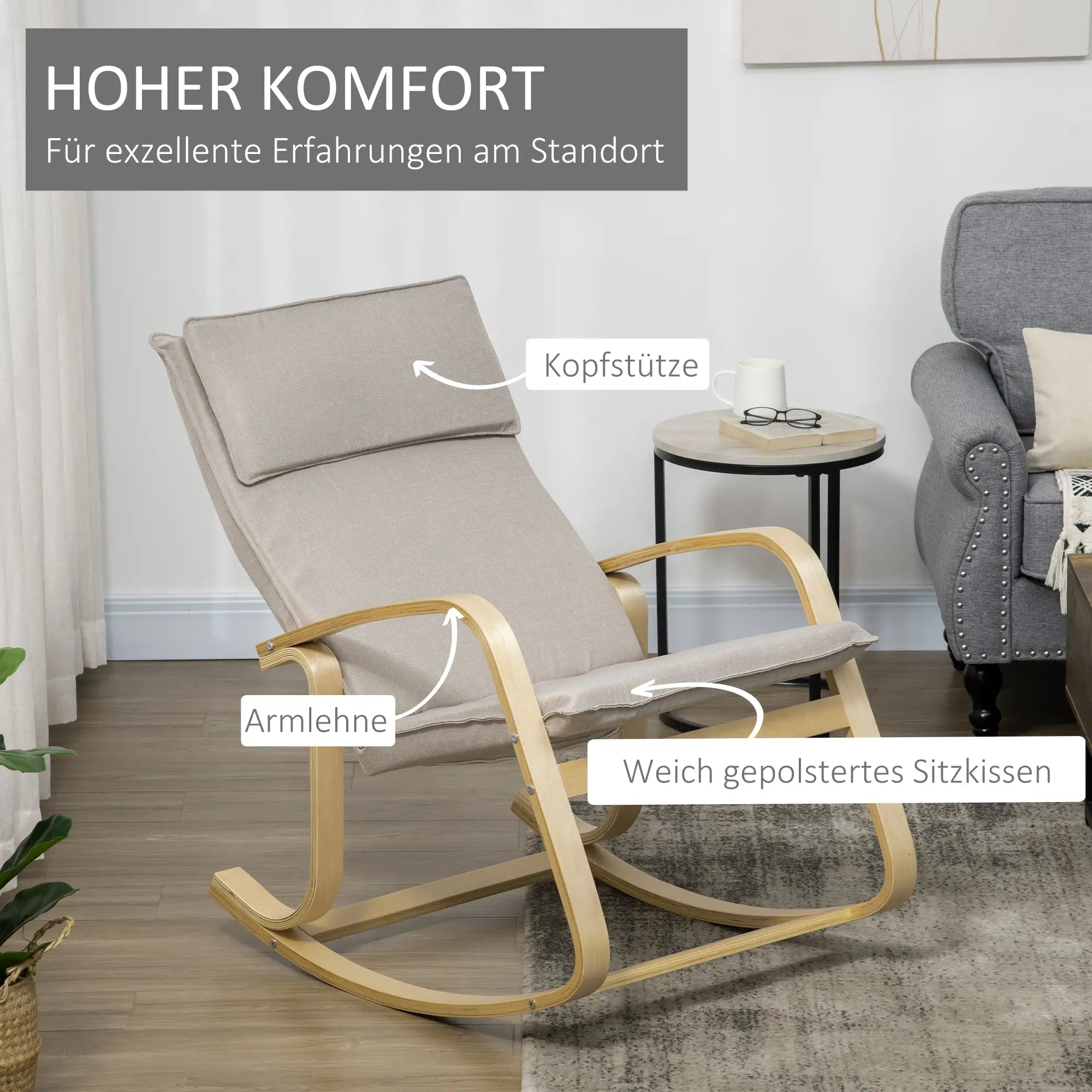 HOMCOM Schaukelstuhl Relaxsessel mit Kopfstütze Massivholz