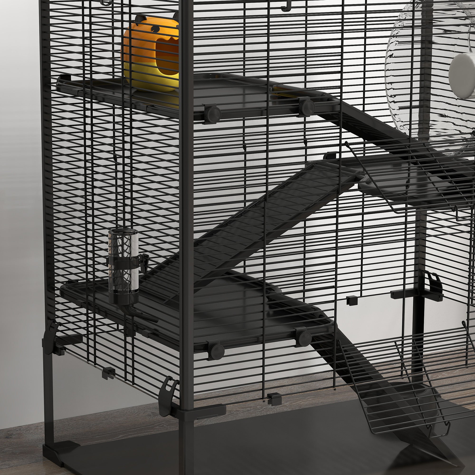 PawHut Hamsterkäfig mit Glasboden, 4-stufiges Hamstergehege mit Hütte und Zubehör, 78,5L x 48,5B x 80H cm, Schwarz