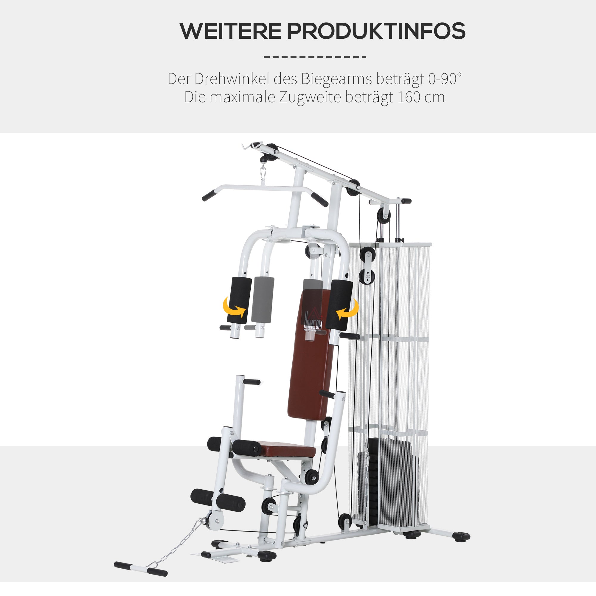 HOMCOM Gym Kraftstation Fitnessstation Multigym Fitnesscenter Fitnessgerät inkl. Gewichten Latzug Beincurl Metall PU-Kunstleder Weiß 150 x 110 x 210 cm