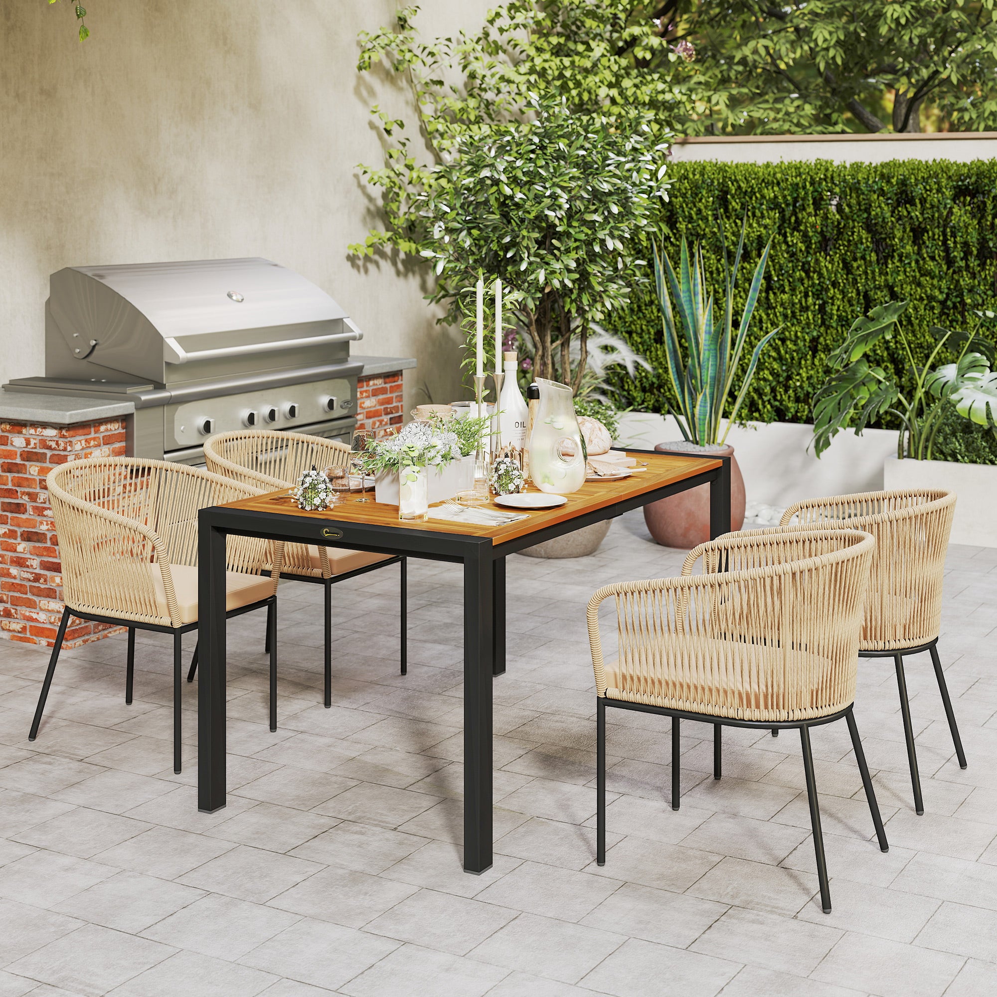 Outsunny 5-teiliges Gartenmöbel-Set, 4 Stühle, 1 Tisch, Kunst-Rattan, Stahlgestell, waschbare Kissen, für Terrasse, Khaki