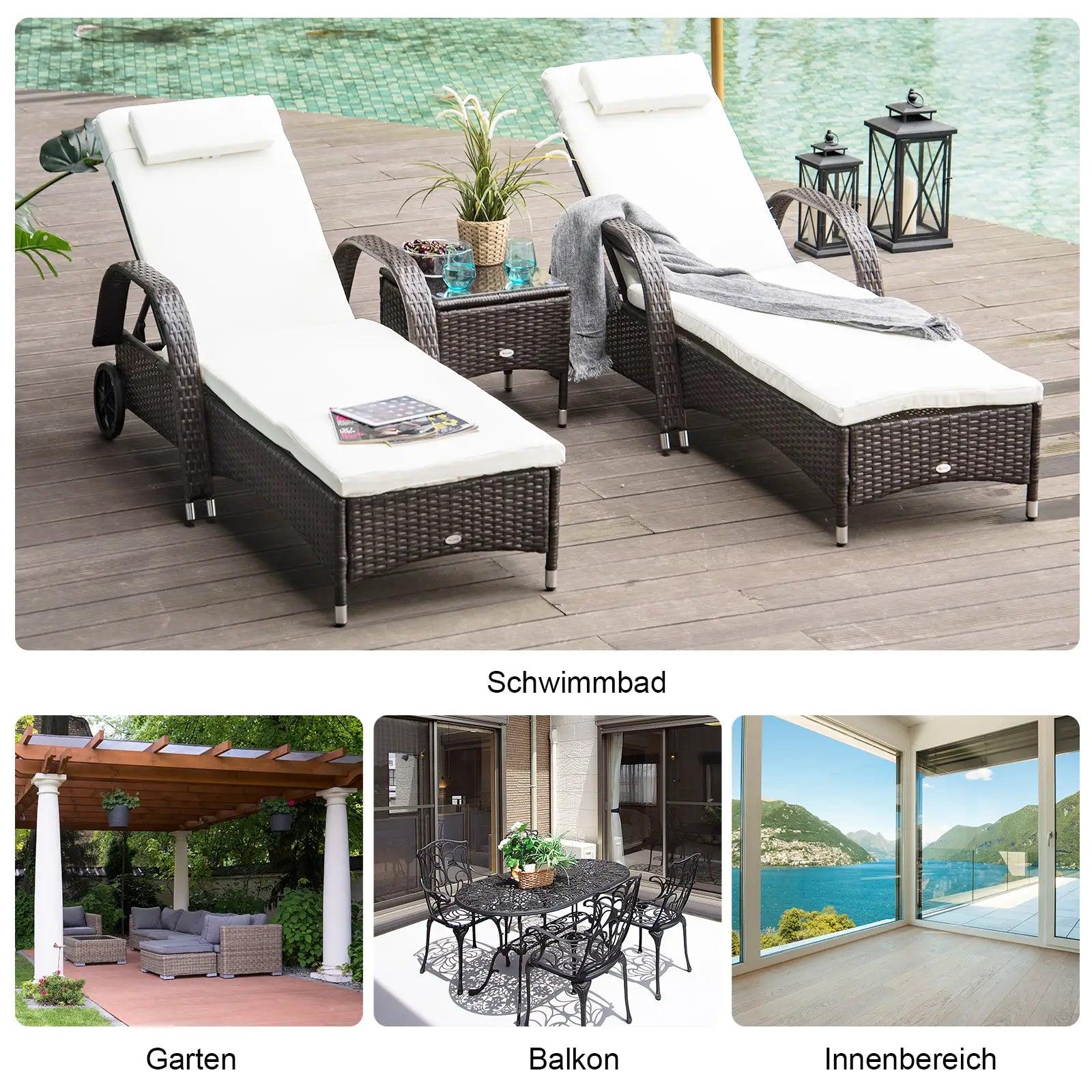Outsunny Sonnenliegen-Set mit Rollen & Tisch Polyrattan Braun-Cremeweiß
