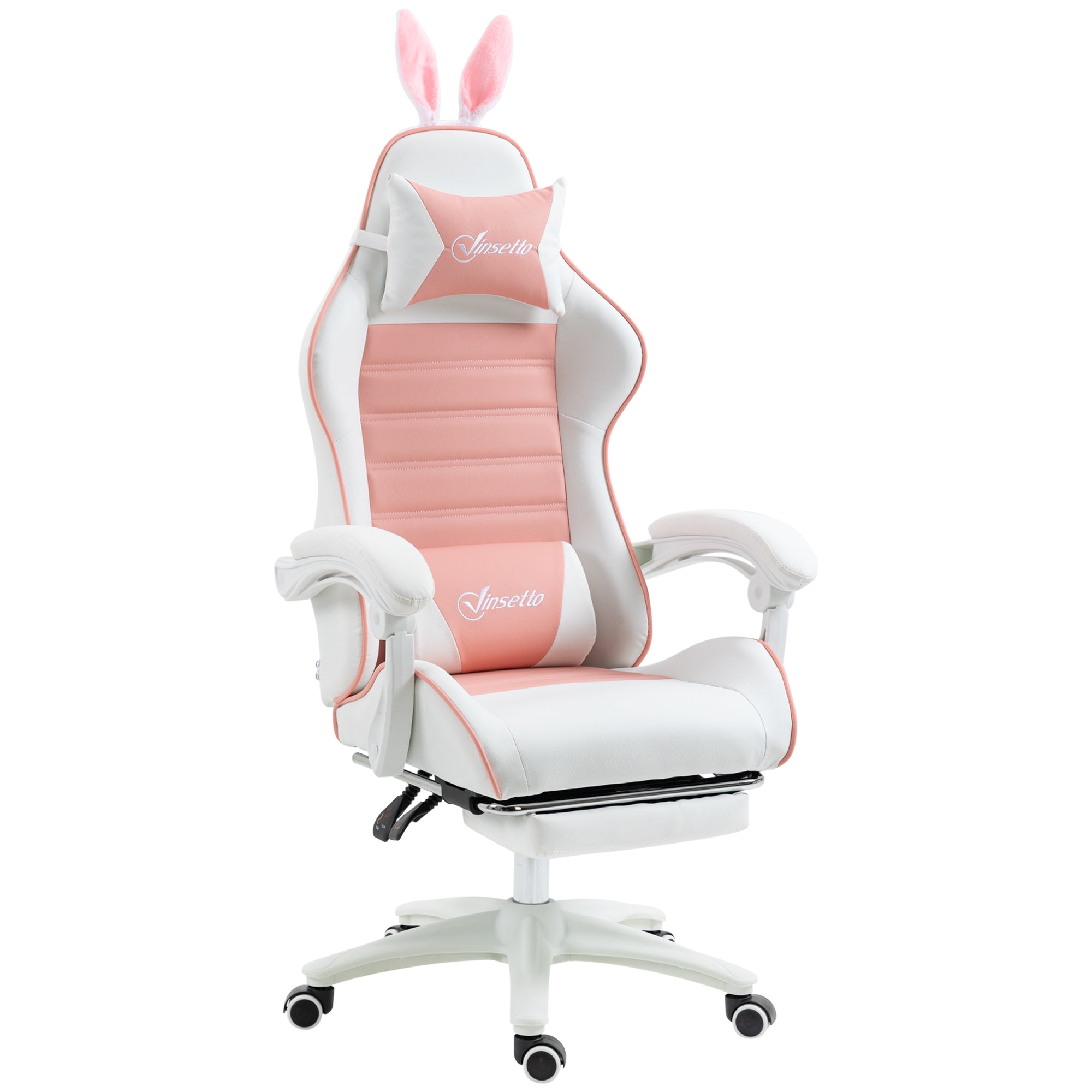 Vinsetto Gaming Stuhl Ergonomischer Gamer Stuhl mit Lendenwirbelstütze, Fußstütze Hasenohren Kopfkissen Rosa