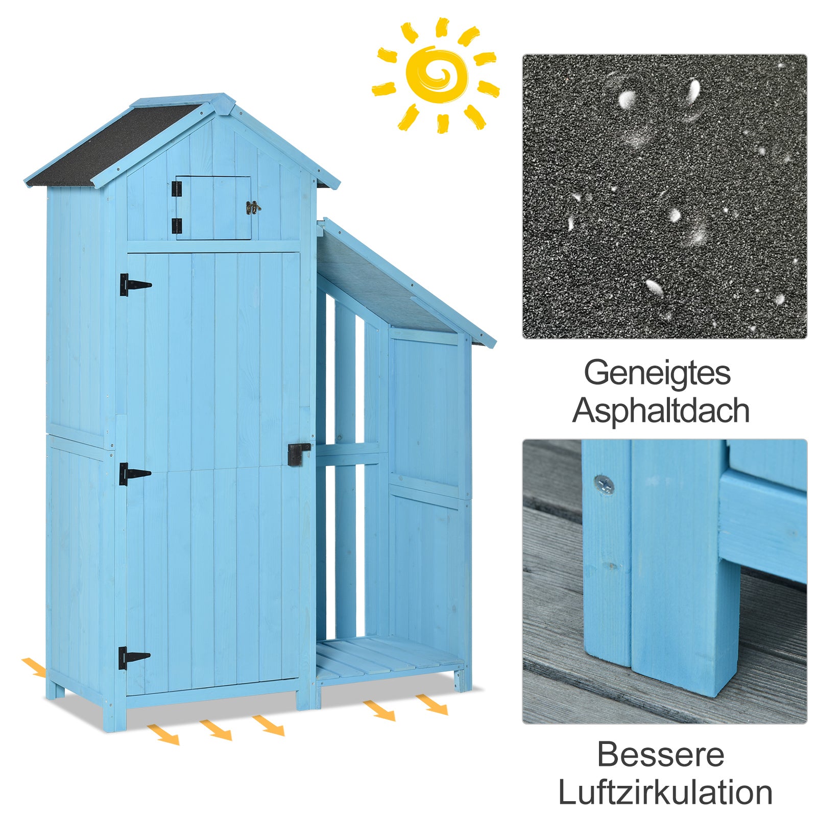 Outsunny Gartenhaus Gerätehaus Geräteschuppen mit Brennholzlagerraum Geräteschuppen mit 3 Ablagen Asphaltdach Tannenholz Himmelblau 130 x 54,5 x 180 cm
