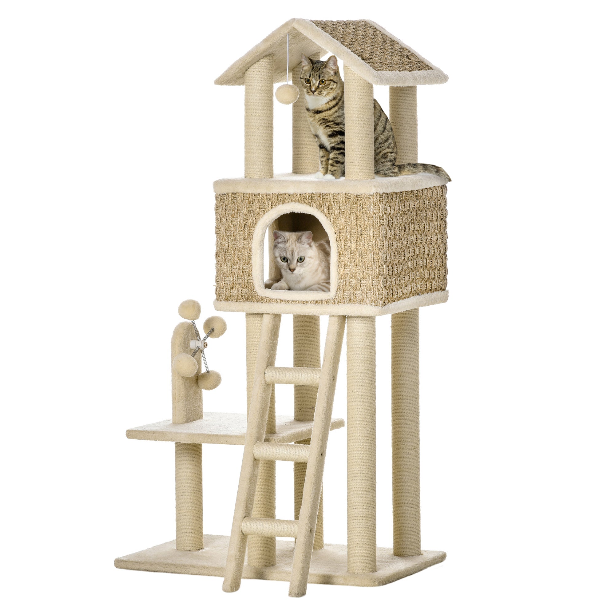 PawHut mit Katzenhöhle inkl. Spielzeug Sisal Plüsch Khaki + Beige + Kaffee