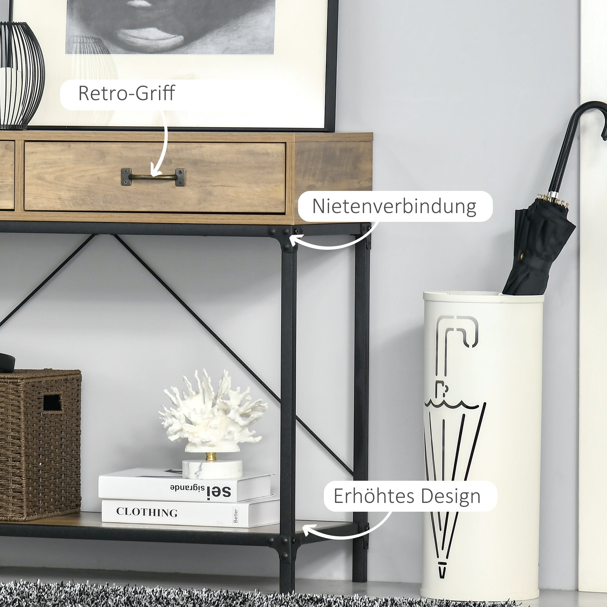 HOMCOM Konsolentisch Flurtisch mit Ablage und 2 Schubladen, 100 x 35 x 76,5 cm Beistelltisch Sofatisch Ausstellungstisch für Kleinen Raum, Eingang, Flur, Wohnzimmer Braun+Schwarz