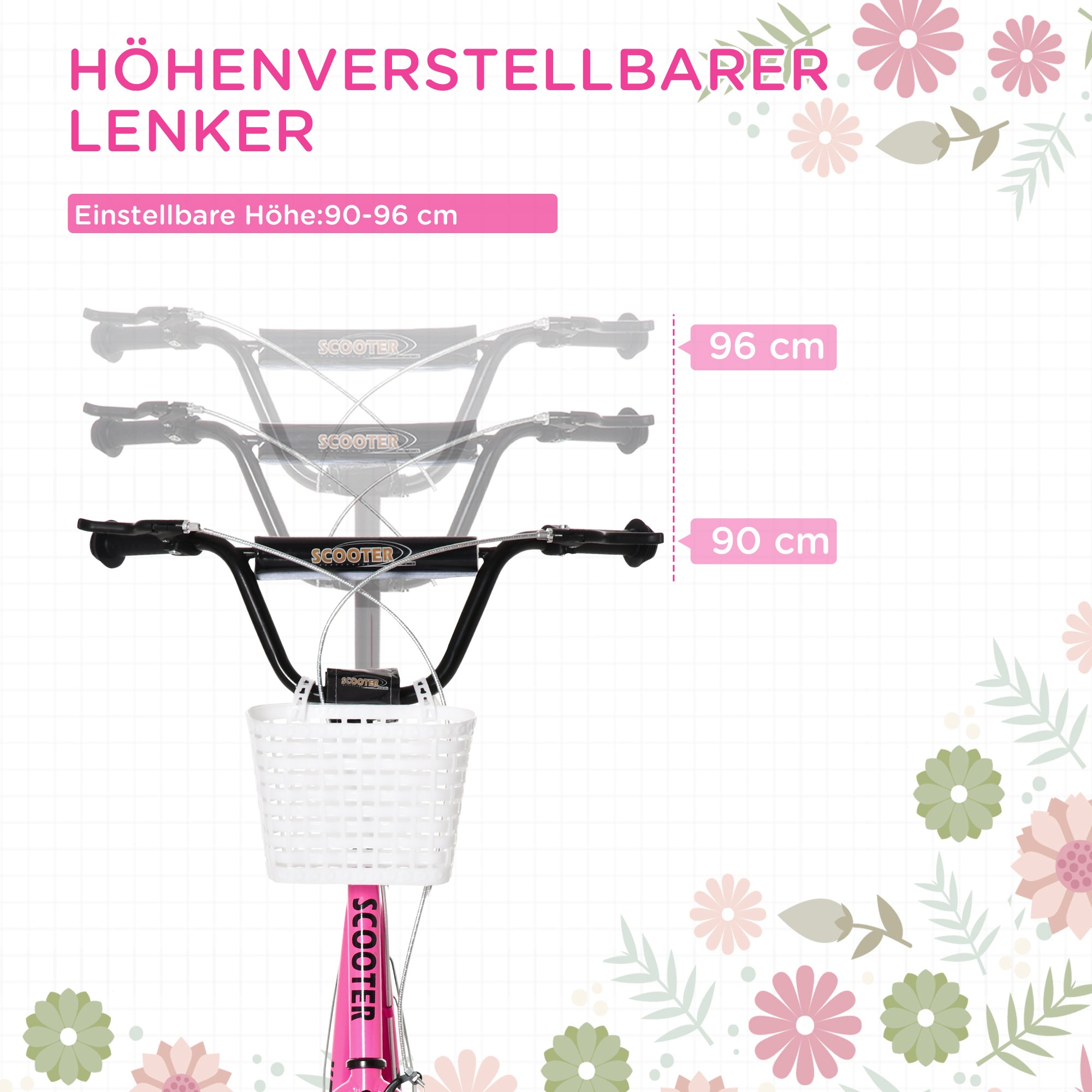 HOMCOM Kinderroller Tretroller mit Bremse, inkl. Korb, höhenverstellbar, für Kinder von 5 bis 12 Jahren, Weiß + Pink