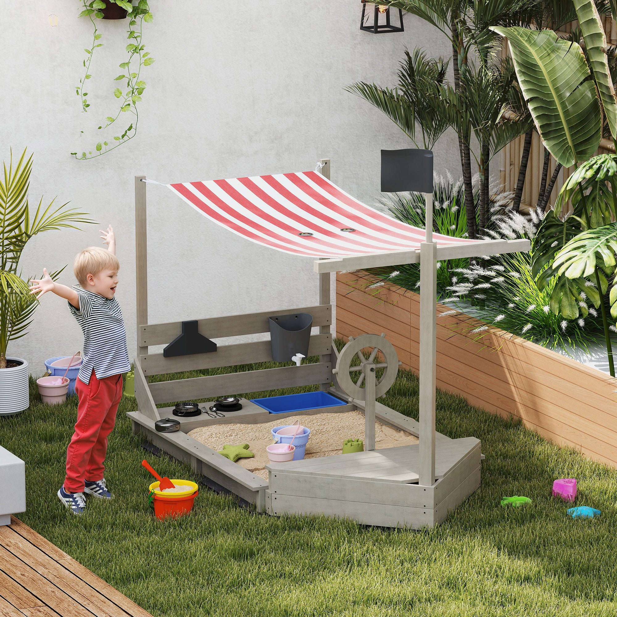 Outsunny Sandkasten mit Sonnendach Piratenschiff, inkl. Kinderküchenspielset, Massivholz, 180 x 103 x 144,5 cm, Grau