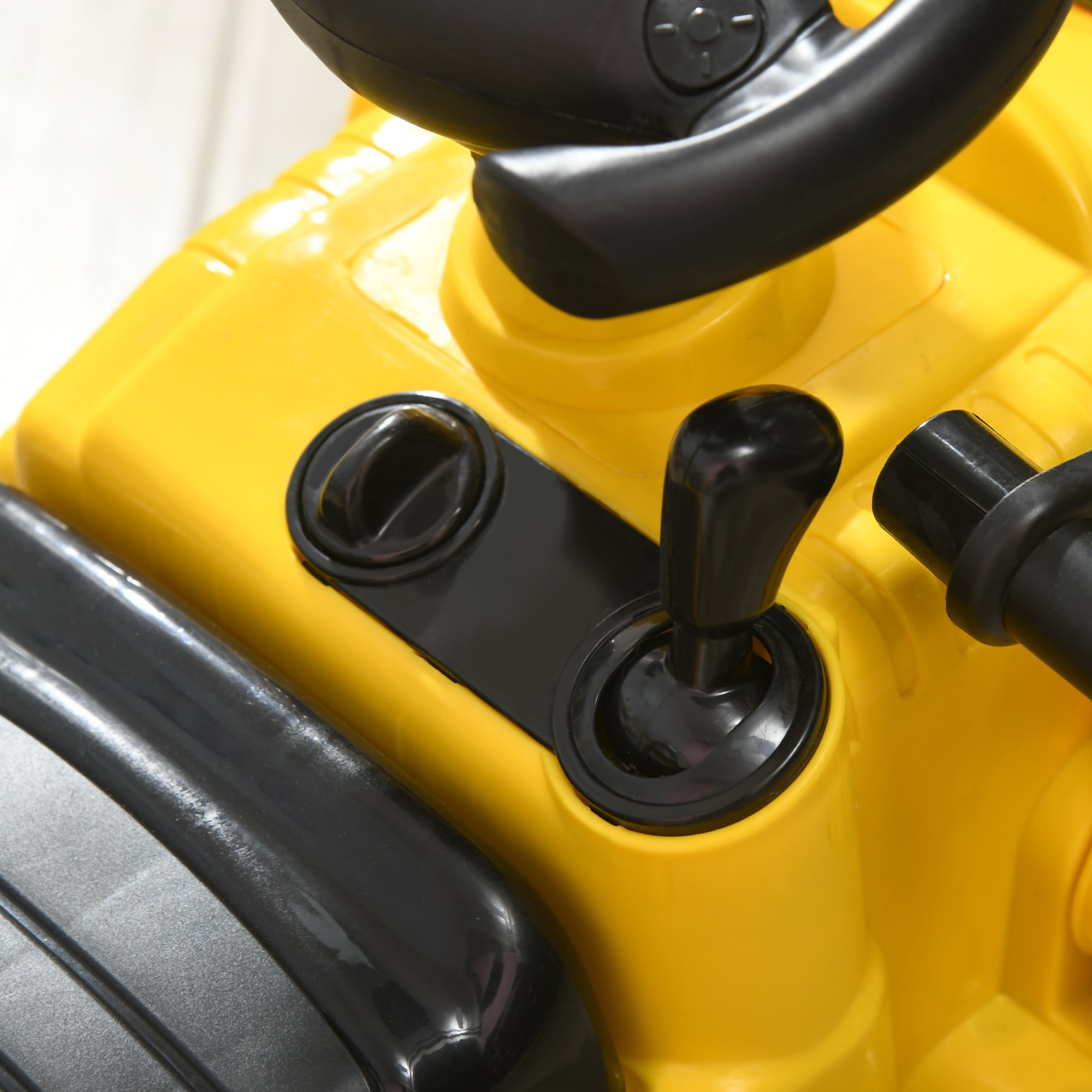 HOMCOM Sitzbagger mit eingebautem Ablagefach Kinder Rutschauto Traktor Kinderbagger mit Hupe Rutscher Bagger Rutscherfahrzeug Laufrad Gelb+Schwarz 80 x 26,5 x 39 cm