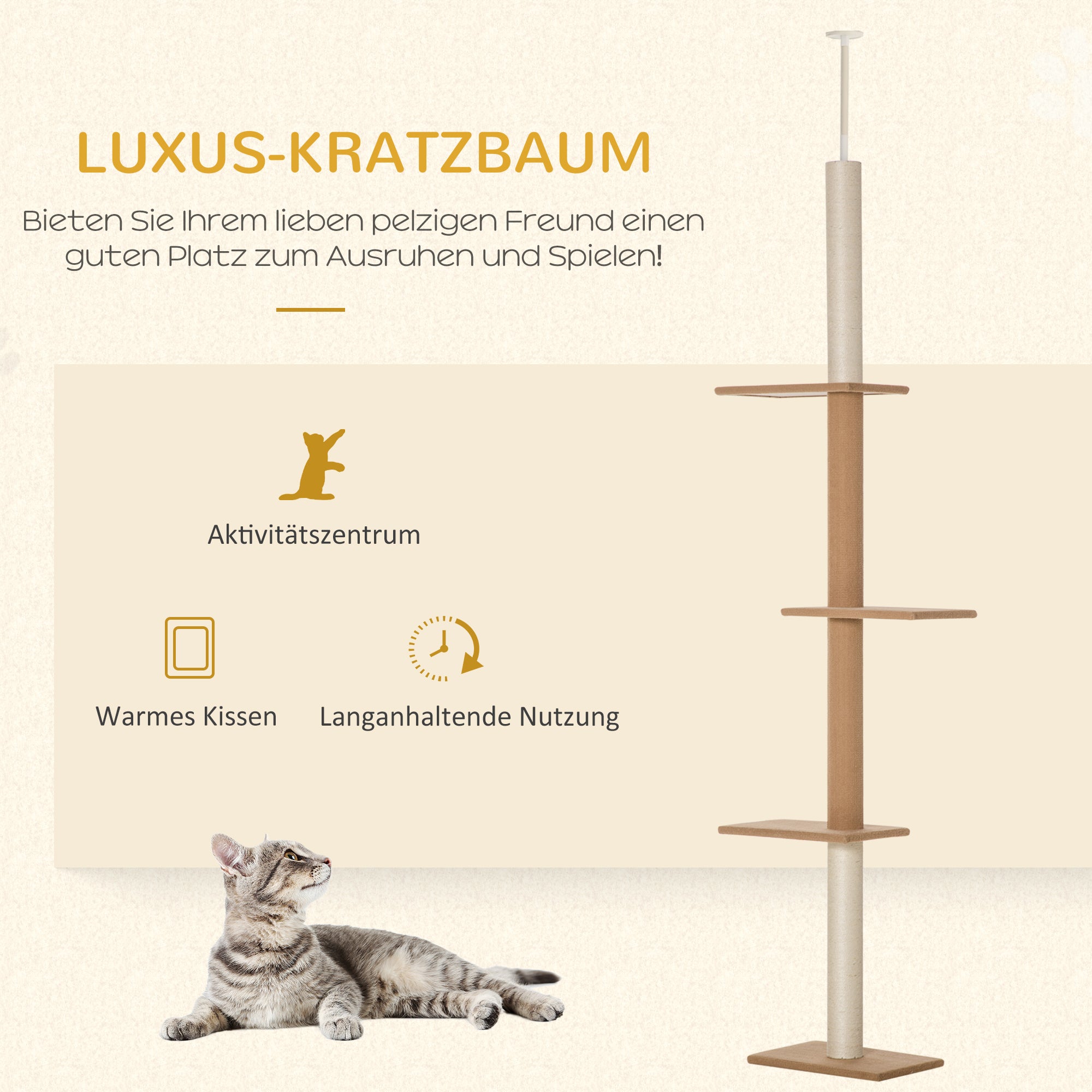 PawHut Kratzbaum Deckenhoch, 228-260 cm Höhenverstellbarer Katzenbaum Kletterbaum für Katzen mit 3 Ebenen, Katzenkratzbaum, Spielbaum vom Boden bis zur Decke Khaki