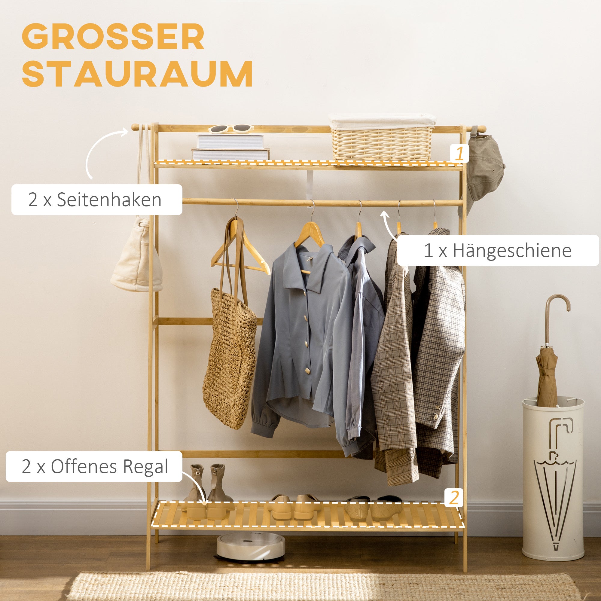 HOMCOM Kleiderständer aus Bambus, 2 Kleiderhaken, Kleiderstange, 2 Ablagen, 114 x 40 x 139 cm