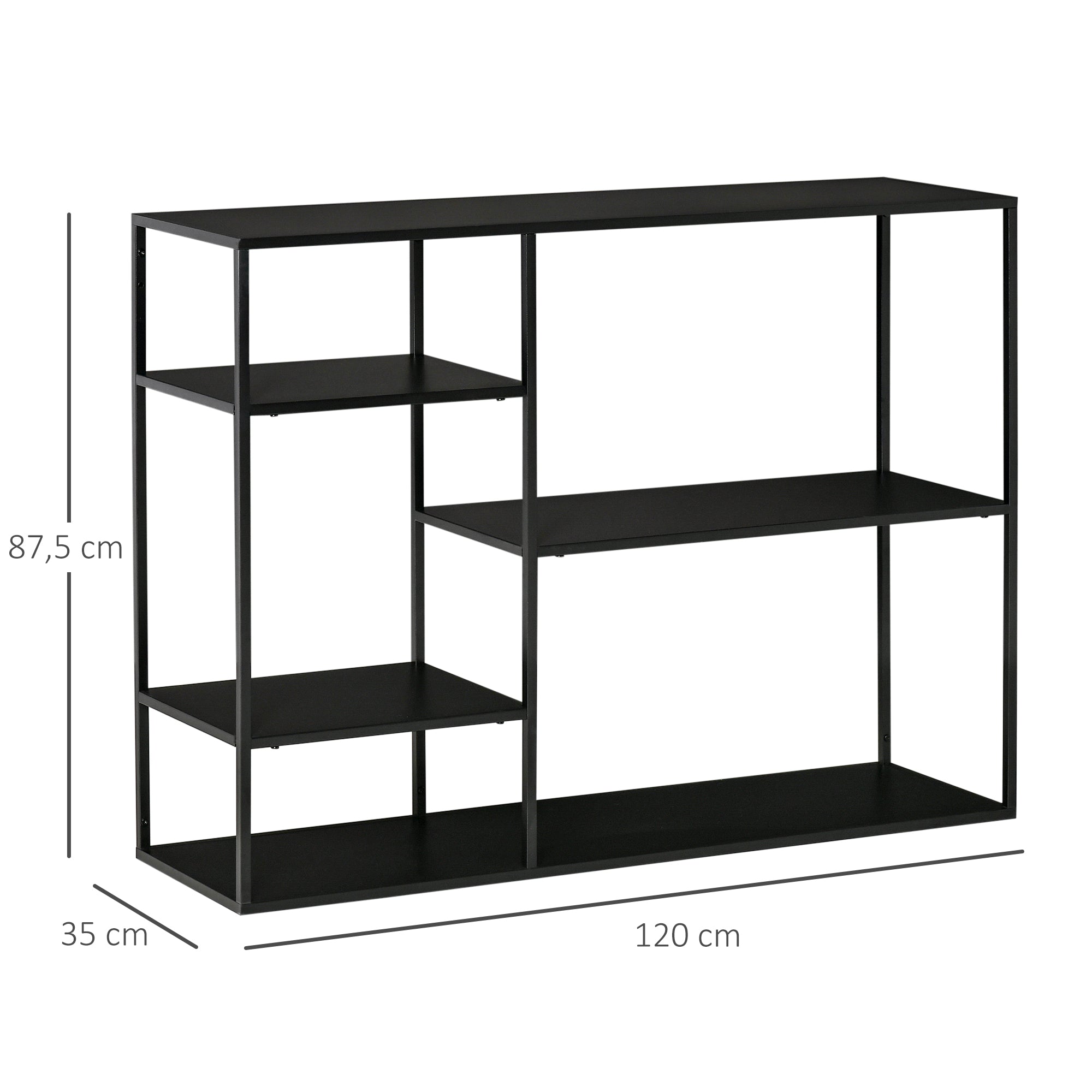 HOMCOM Standregal Bücherregal mit 5 offenen Fächern, Aufbewahrungsregal mit Metallrahmen, Würfelregal für Küche, Wohnzimmer, Schwarz, 120 x 35 x 87,5 cm