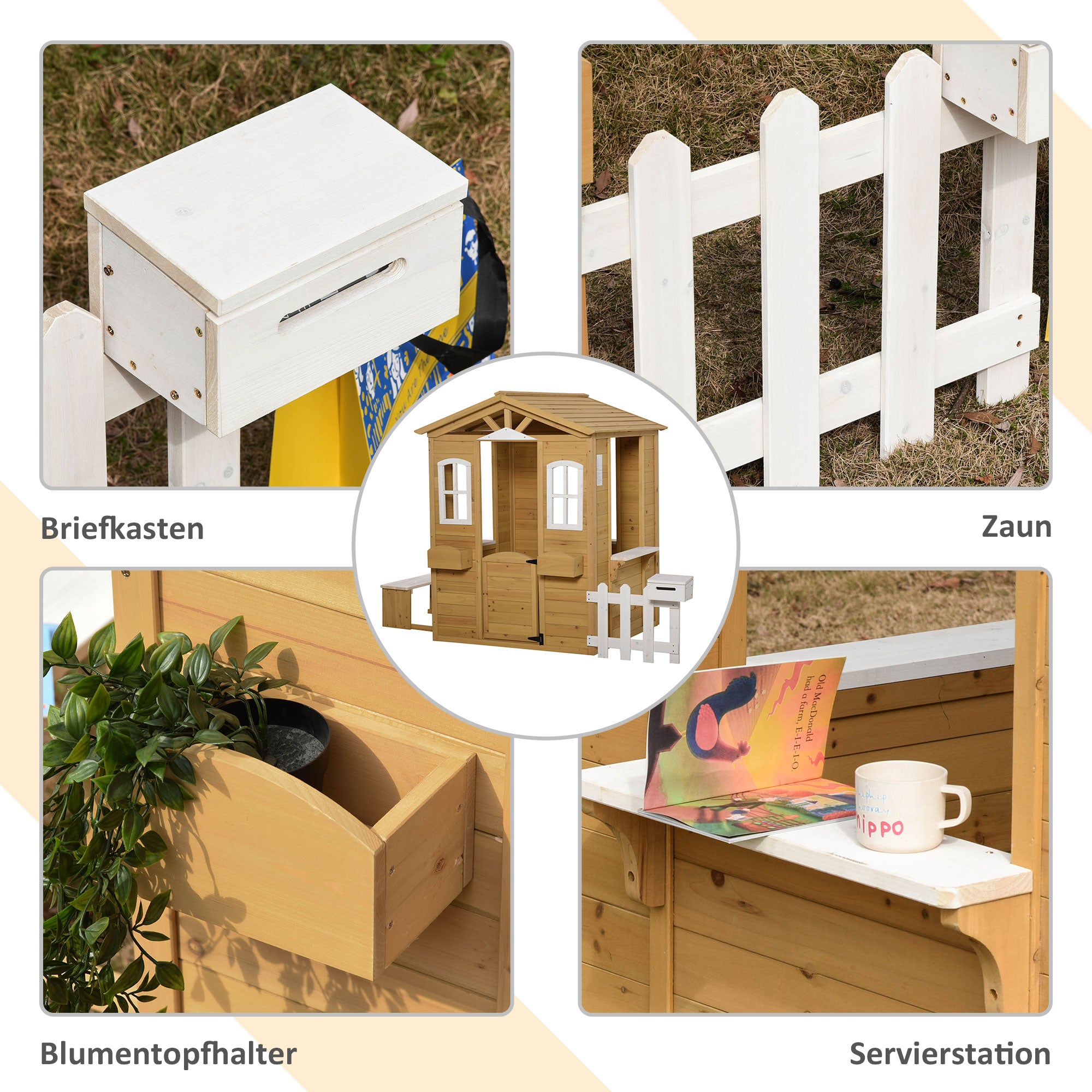 Outsunny Kinderspielhaus aus Holz Spielhaus Outdoor mit Tür, Fenster und Pflanzkasten Briefkasten Bank für Kinder 3-6 Jahre