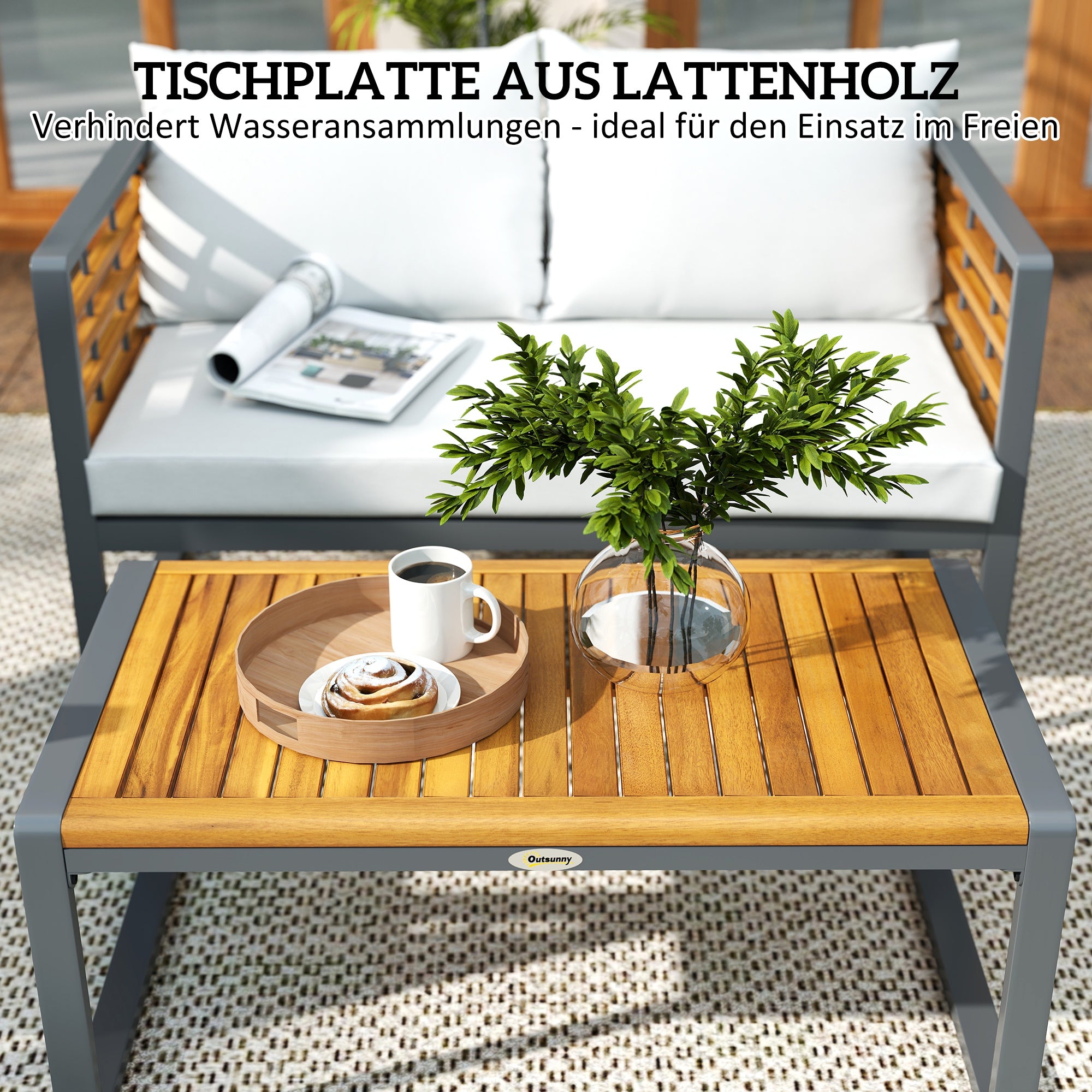 Outsunny 4-teiliges Gartenmöbel-Set, 2 Sessel, 1 Sofa, 1 Kaffeetisch, Sitzkissen, Akazienholz, Stahlgestell, Grau+Beige