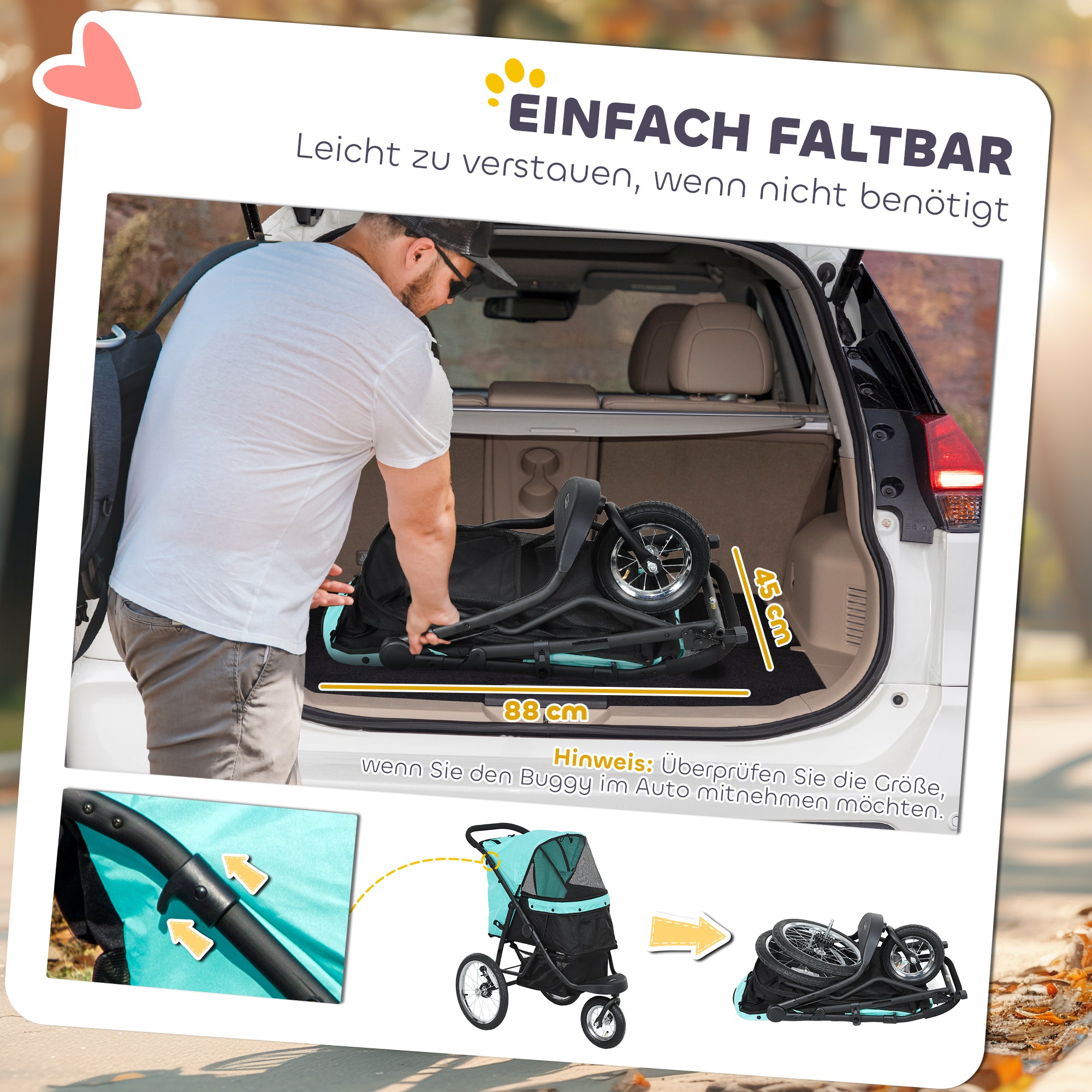 PawHut Hundebuggy, Haustierwagen für kleine Hunde und Katzen, mit Aufbewahrungskorb, Ein-Klick-Faltdesign, Türkis