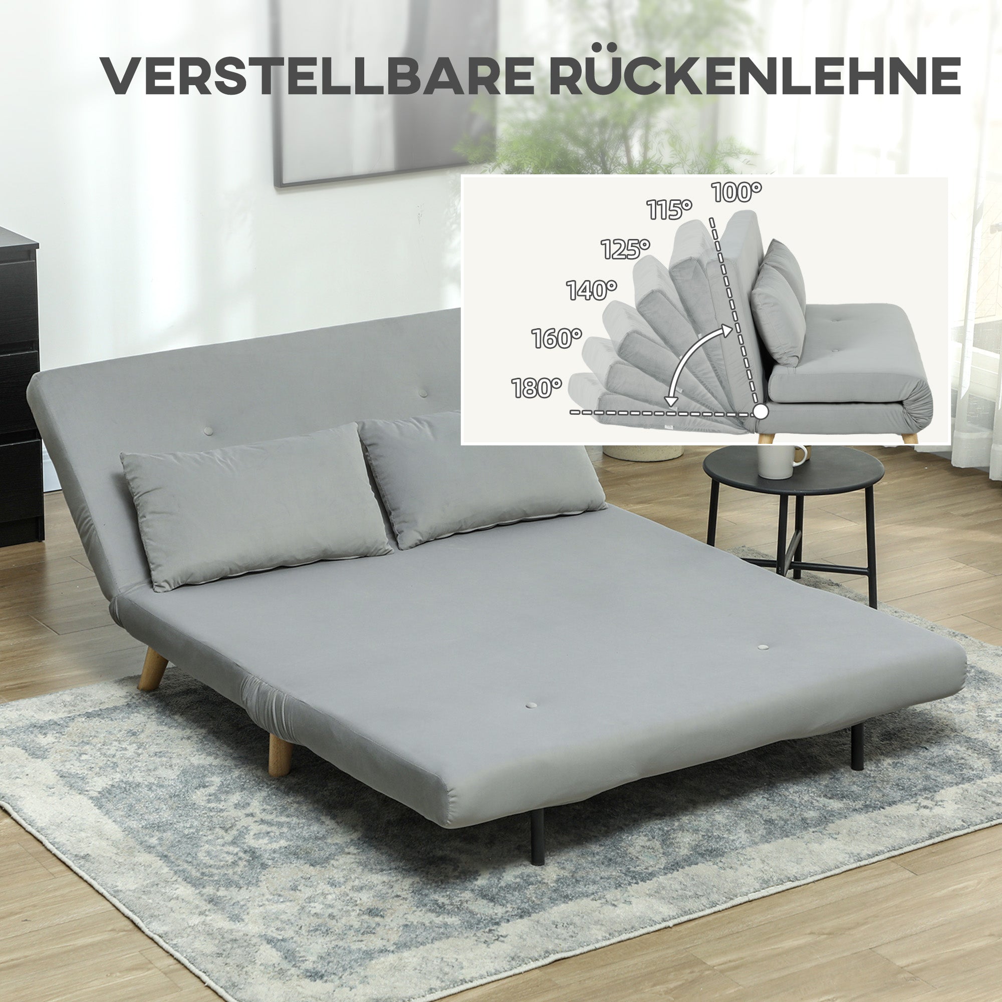 HOMCOM Schlafsofa Relaxsofa Sofa Couch, inkl. 2 Kissen, Samtoptik, 130 x 78 x 79 cm, Hellgrau