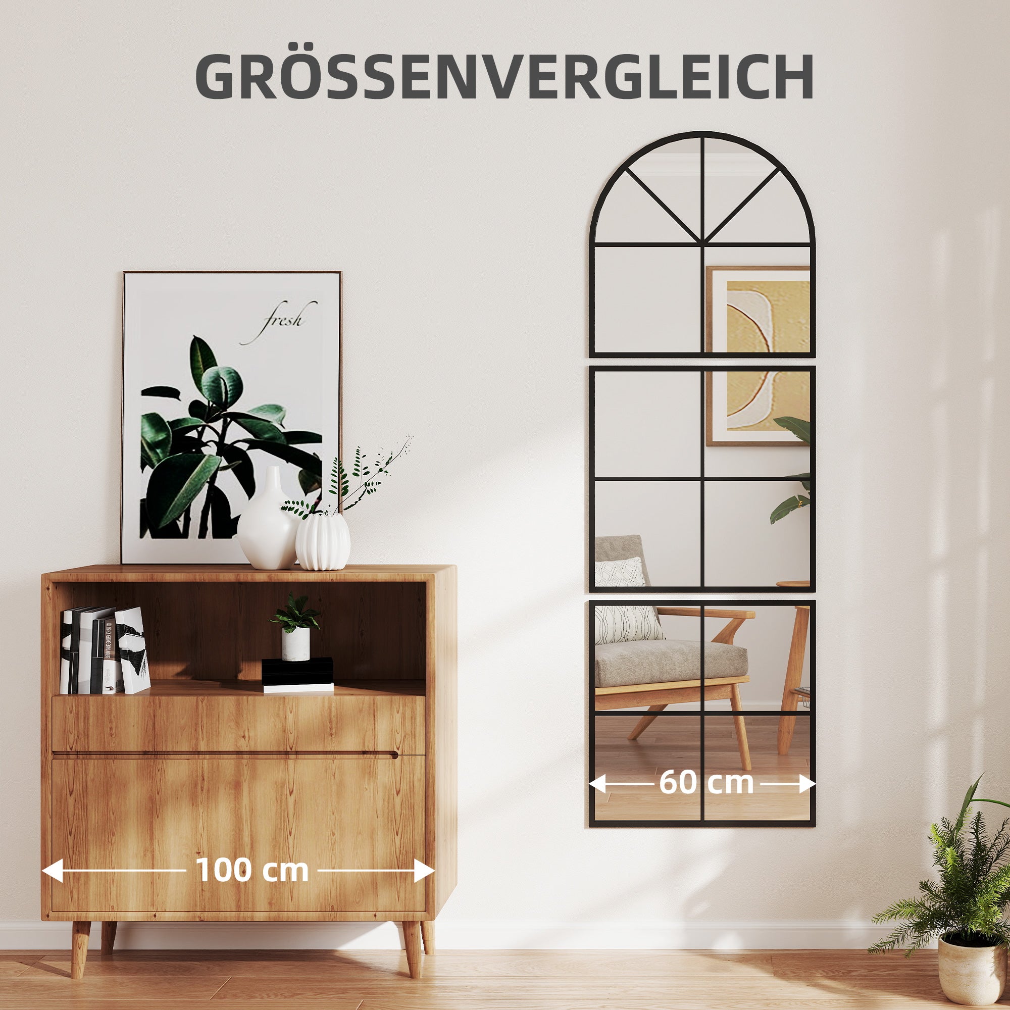 HOMCOM Wandspiegel dreiteilig, bogenförmiger Spiegel mit Metallrahmen, dekorativ 60 x 2 x 180 cm Schwarz