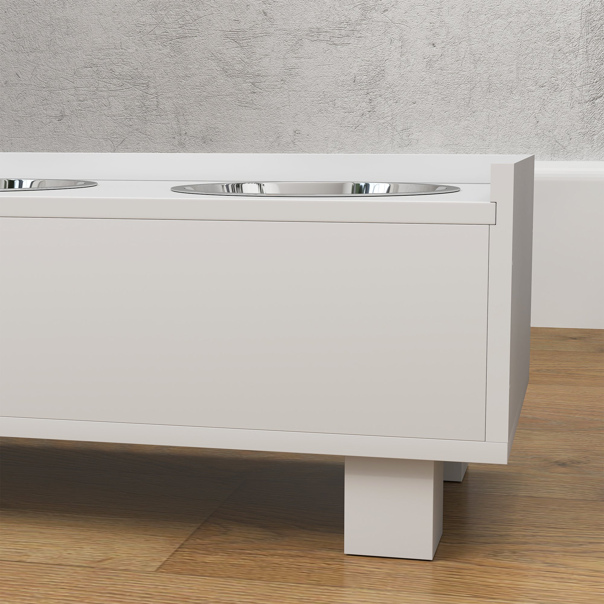 PawHut Erhöhte Fütterungsstation für Hunde, mit abnehmbarer Slow-Feeder-Matte, 2 Aluminiumschüsseln, Stauraum, Weiß