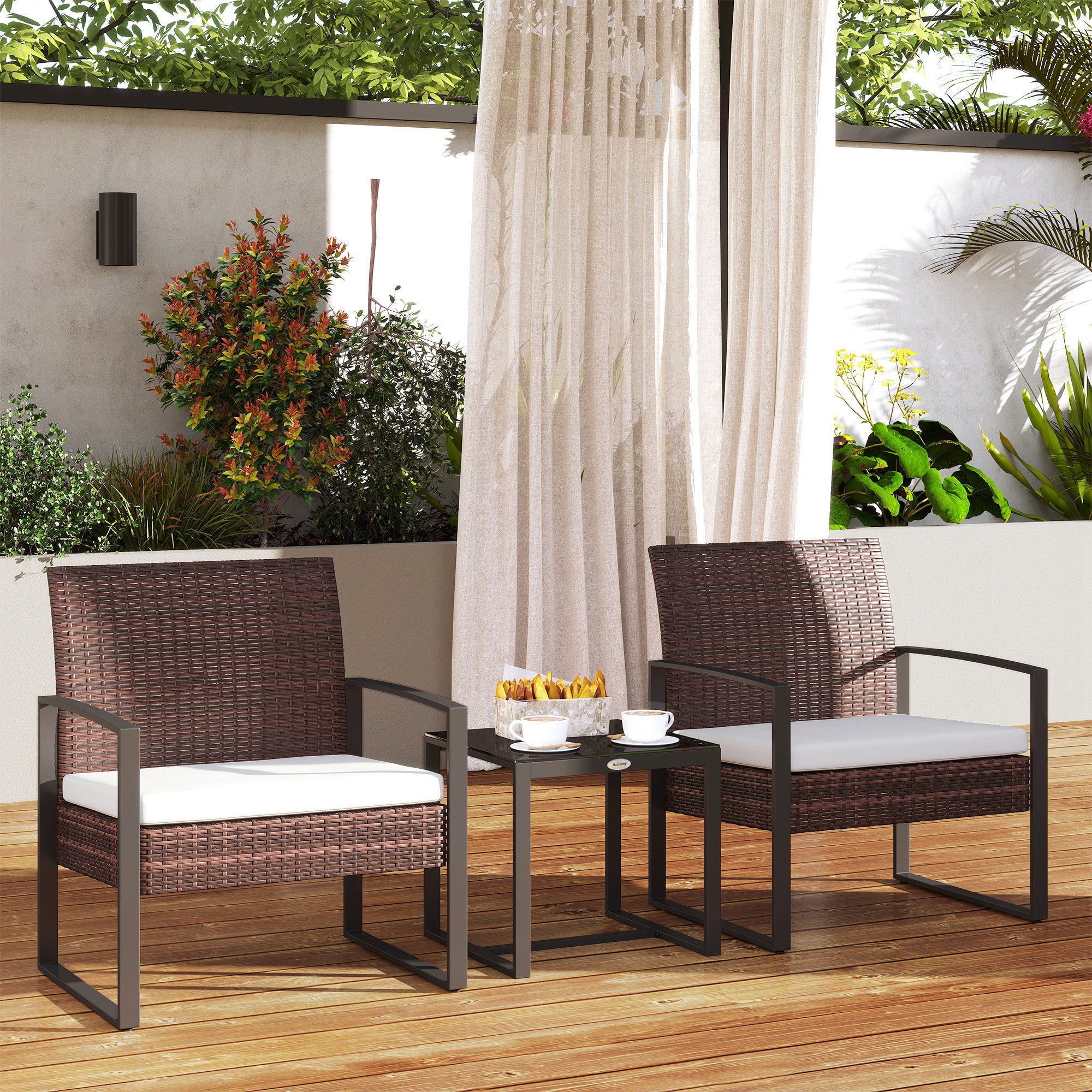 Outsunny Polyrattan Gartenset für 2 Personen Balkonmöbel Set mit Kissen Braun+Creme