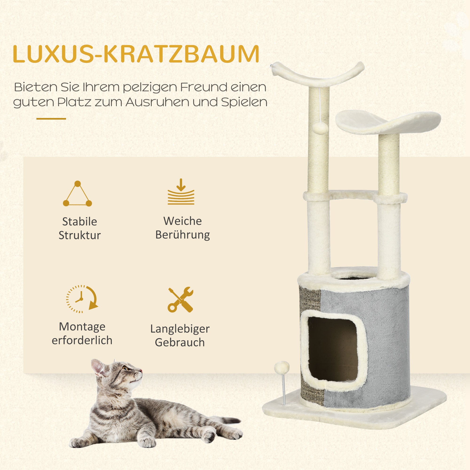 PawHut Kratzbaum mit Katzenhöhle, zwei Plattformen, zwei Kratzstämme, Plüschbezug, Cremeweiß, 48 x 48 x 110cm