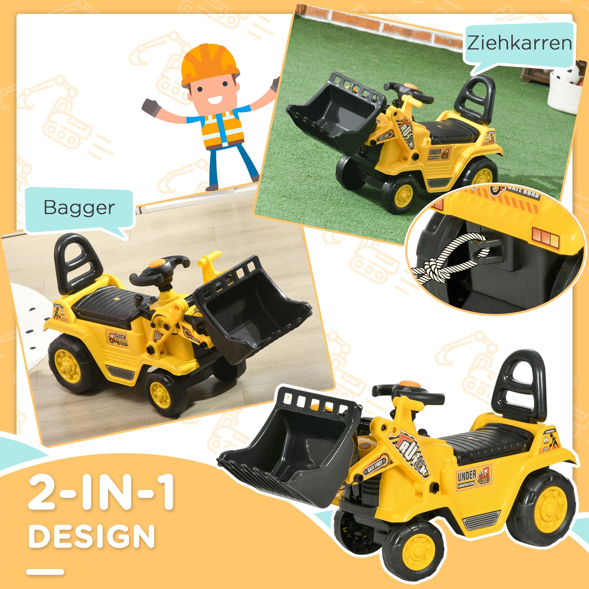 HOMCOM Sitzbagger mit eingebautem Ablagefach Kinder Rutschauto Traktor Kinderbagger mit Hupe Rutscher Bagger Rutscherfahrzeug Laufrad Gelb+Schwarz 80 x 26,5 x 39 cm