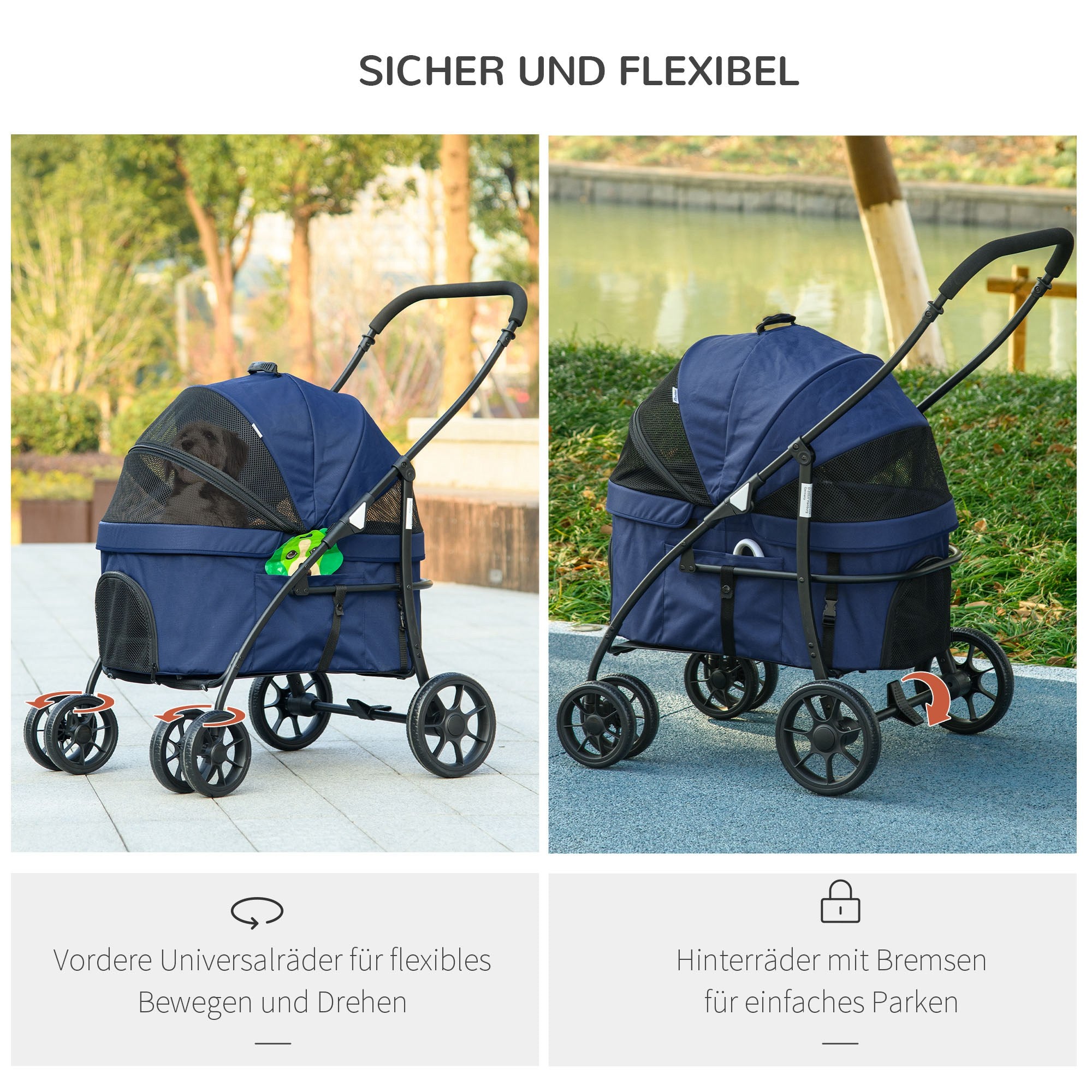 PawHut Hundewagen Hundebuggy bis 10 kg Klappbar Regenschutz, 2 Sicherheitsleinen 81x 68 x 98,5 cm Dunkelblau