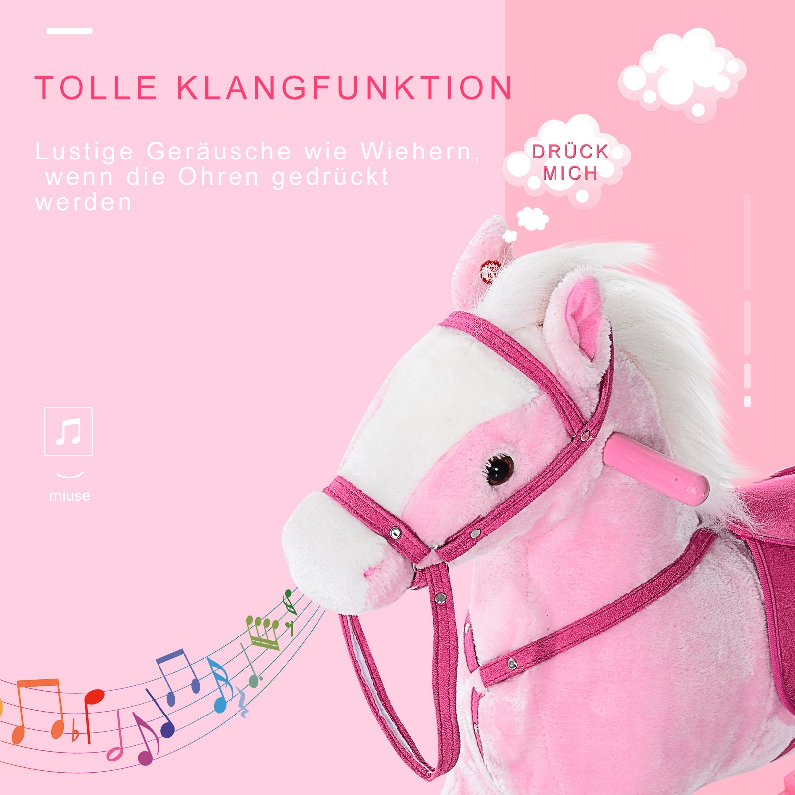 HOMCOM Kinder Schaukelpferd Schaukeltier Schaukelspielzeug Wiehern Rosa 74x28x65cm