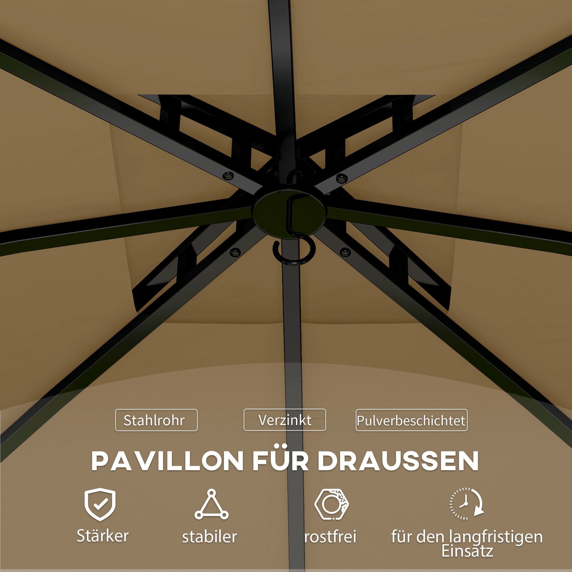 Outsunny 3,4 x 3,4 m Gartenpavillon, Bierzelt mit Lüftungsdach, Bogenfenstern, Stahlgestell, Beige