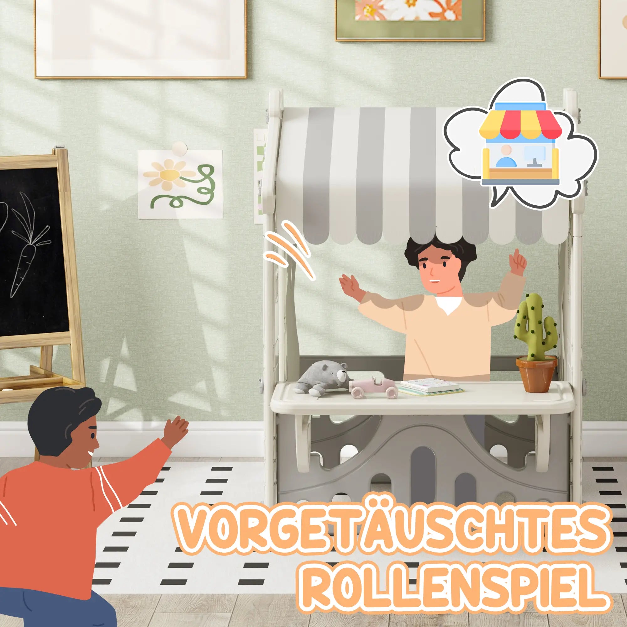 AIYAPLAY Spielhaus Kinderhaus Indoor mit Servierstation & Vorhängen