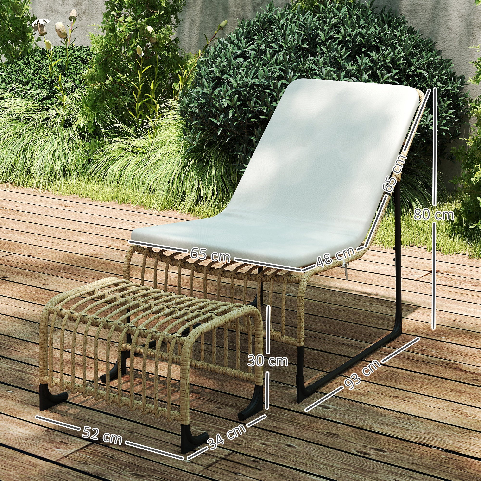 Outsunny Rattan Relaxsessel mit Fußhocker UV-beständig Gartensessel mit Kissen Bänder 65 x 93 x 80 cm Naturholz