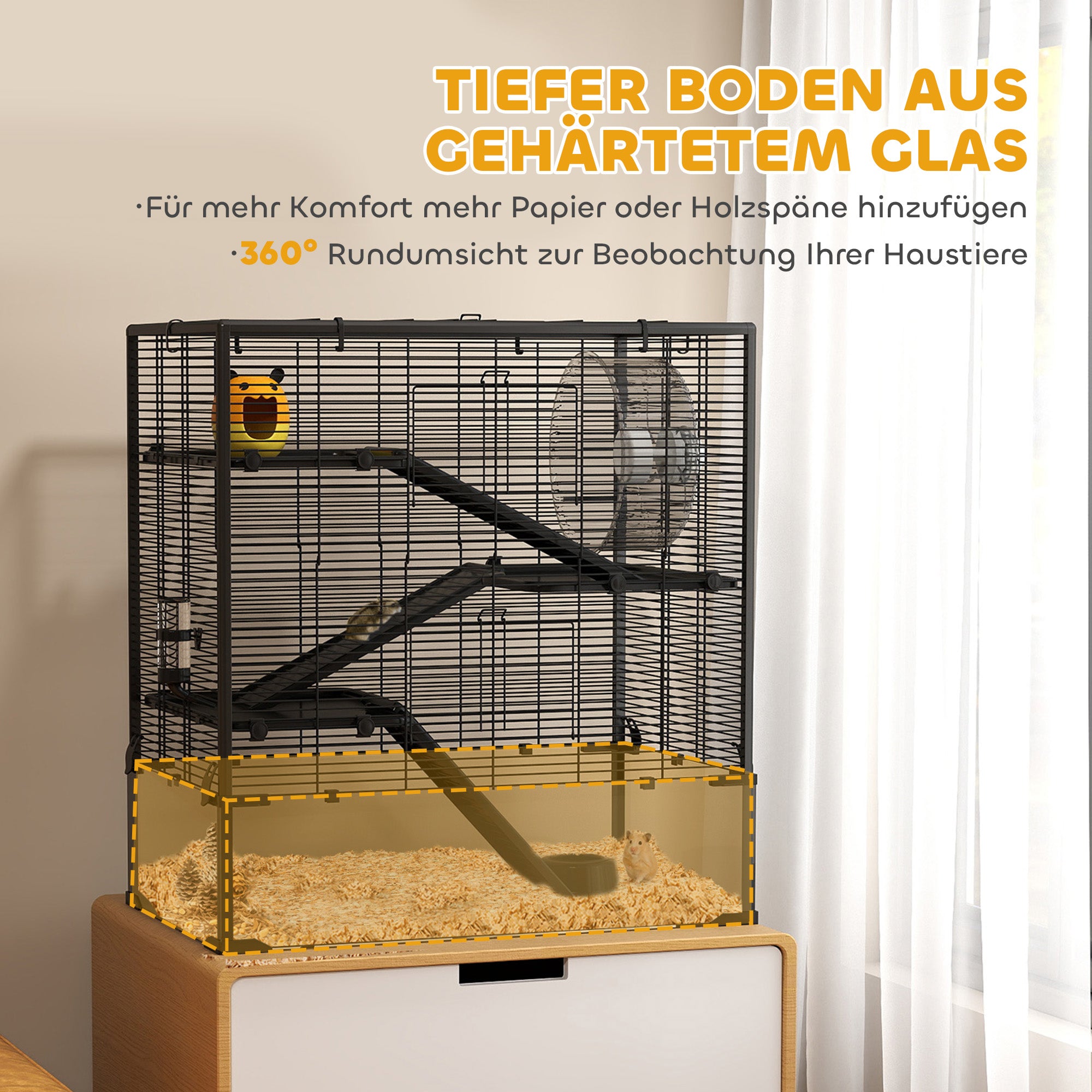 PawHut Hamsterkäfig mit Glasboden, 4-stufiges Hamstergehege mit Hütte und Zubehör, 78,5L x 48,5B x 80H cm, Schwarz