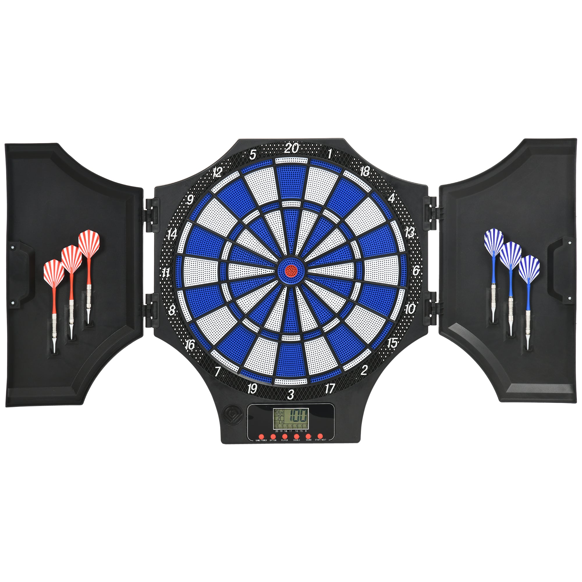SPORTNOW Dartscheibe, elektronisch, 31 Spiele und 285 Programme, für 8 Spieler, 2 Türen, 6 Pfeile, Sound, schwarz, 83 x 45 x 4 cm