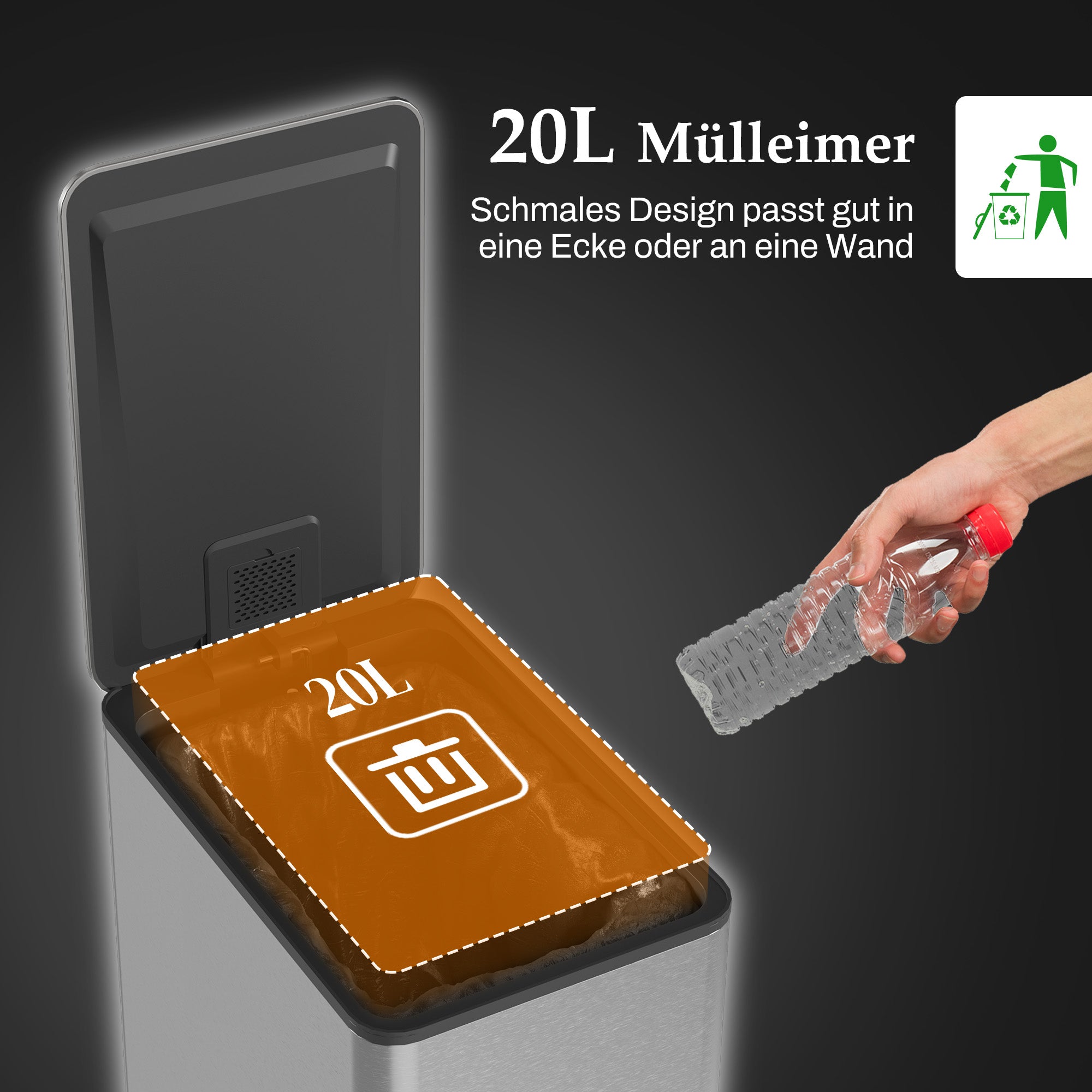 HOMCOM Mülleimer 20L, Soft-Close-Deckel, Deodorant-Fach, Fingerabdrucksicher, Edelstahl, Silber