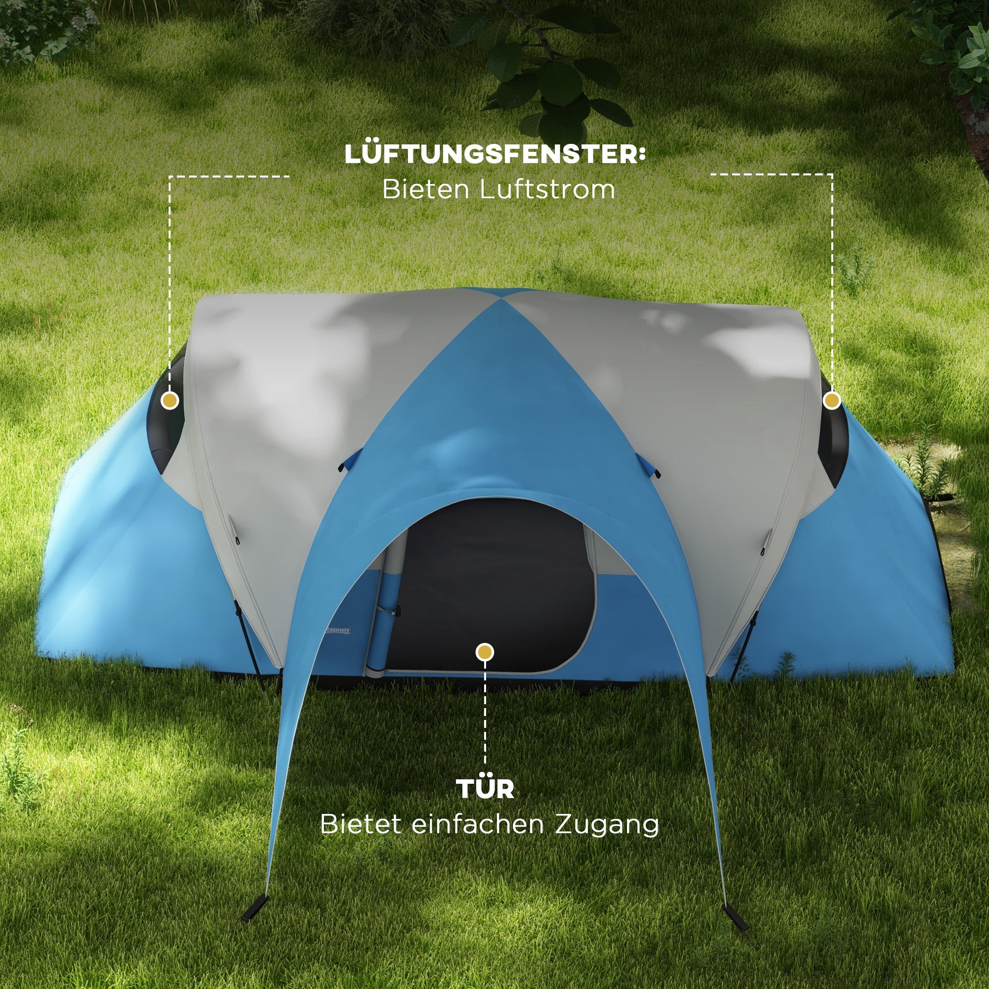Outsunny Campingzelt für 5-6 Pers., Familienzelt, wasserdicht, mit Vorzelt, 550L x 300B x 198Hcm, Blau