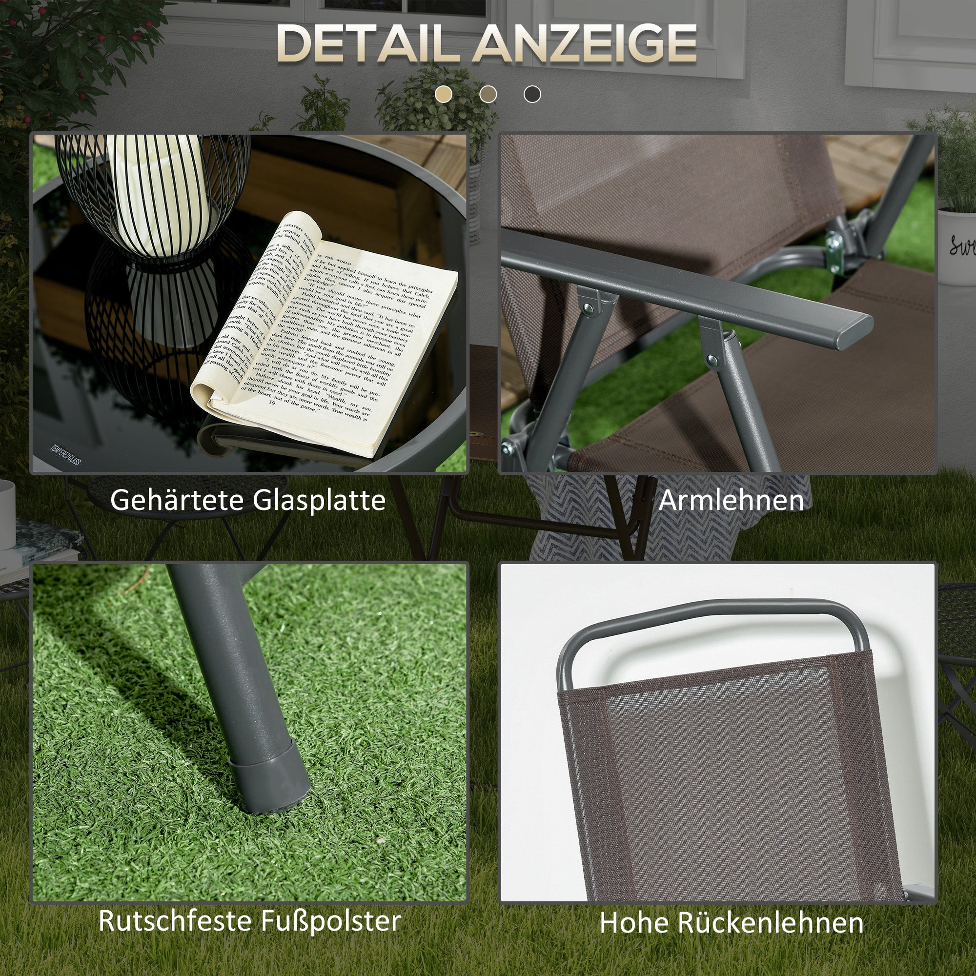 Outsunny Bistro-Set 3-teilig aus Metall Wetterfest Gartenmöbel Set mit klappbar Glastisch Gartenstühlen Braun