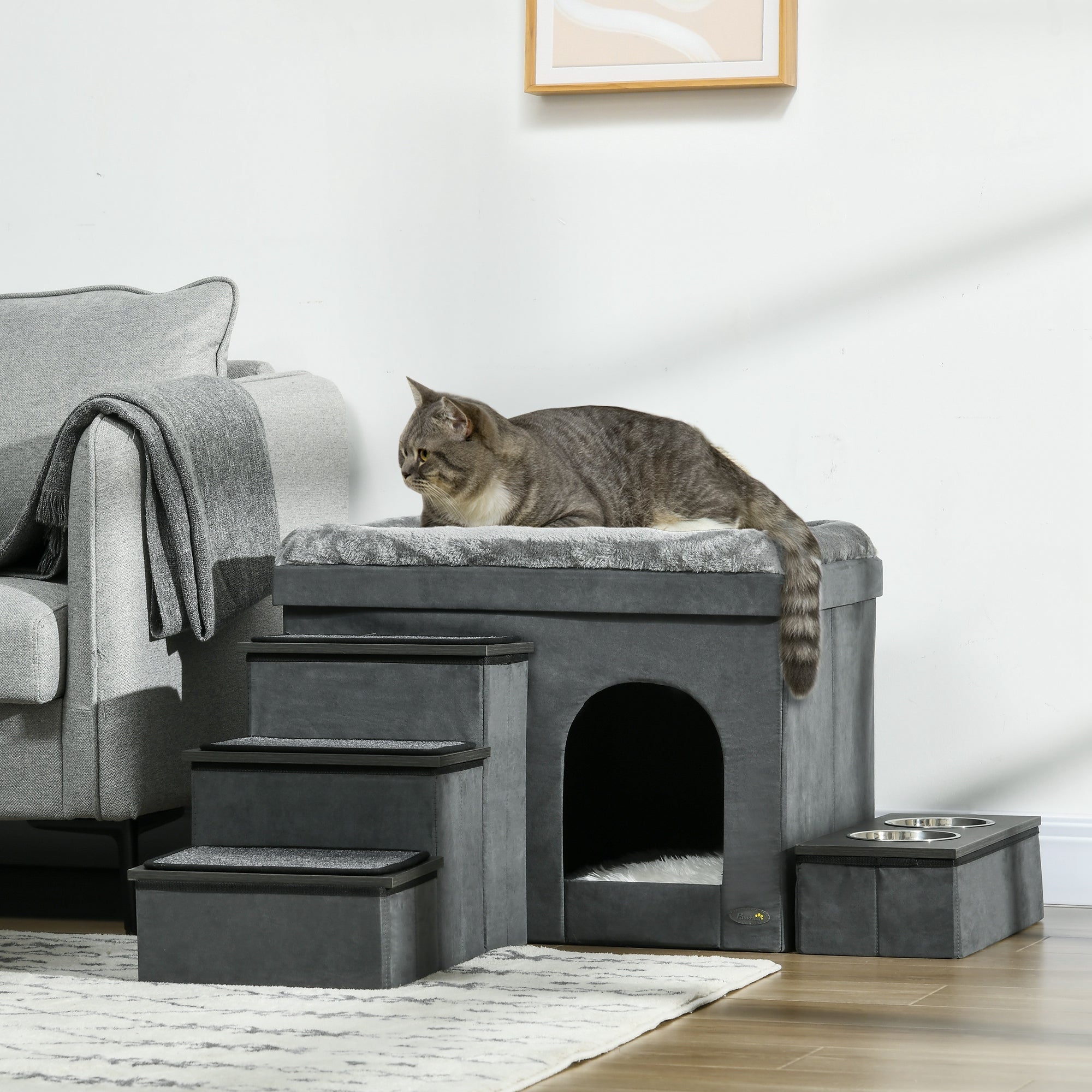 PawHut Katzenhaus Katzenhütte Katzenhöhle, 3 Haustiertreppen, 2 Fressnäpfe, 70 x 50 x 51, cm, Grau