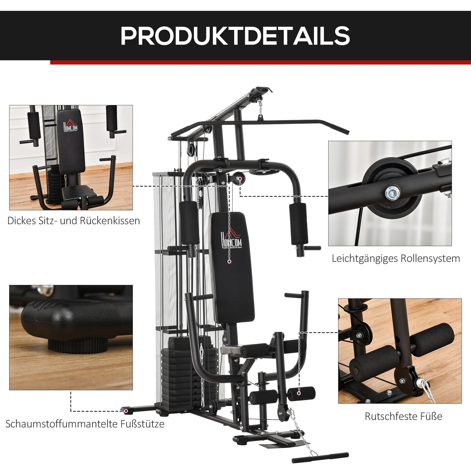 HOMCOM Kraftstation Fitnessstation Fitnessgerät Multifunktion Krafttraining Multistation Trainingsstation mit Latzug Butterflystange 45kg Gewichten Seil, Fitnessgeräte für Zuhause Schwarz