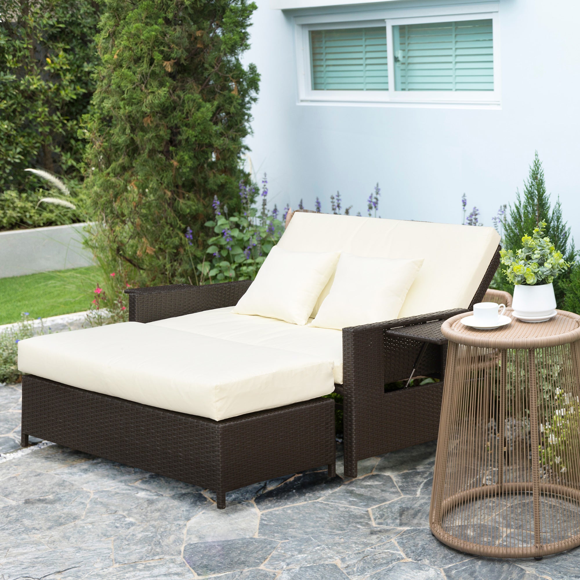 Outsunny Gartensofa mit Liegefunktion, ausfahrbare Fußbank mit Stauraum, Sitzkissen, braun+creme, 130 x 72 x 96 cm
