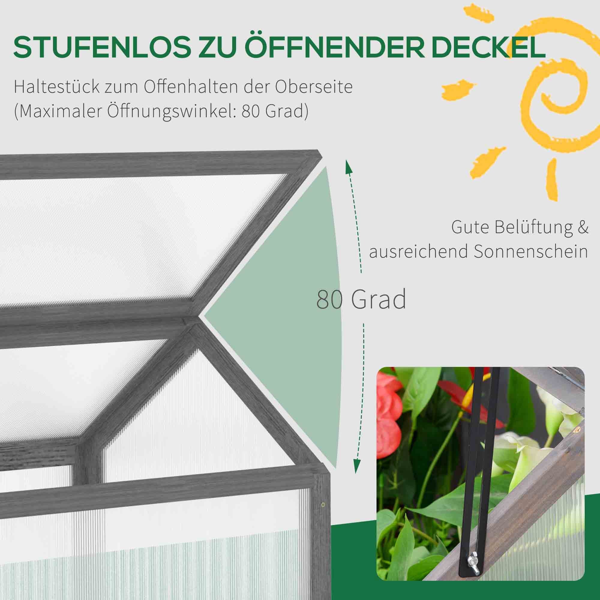 Outsunny Mini-Gewächshaus, Kompaktes Pflanzenhaus aus Holz, Polycarbonat-Platten, Belüftungsöffnung, 90L x 52B x 49,5H cm, Grau
