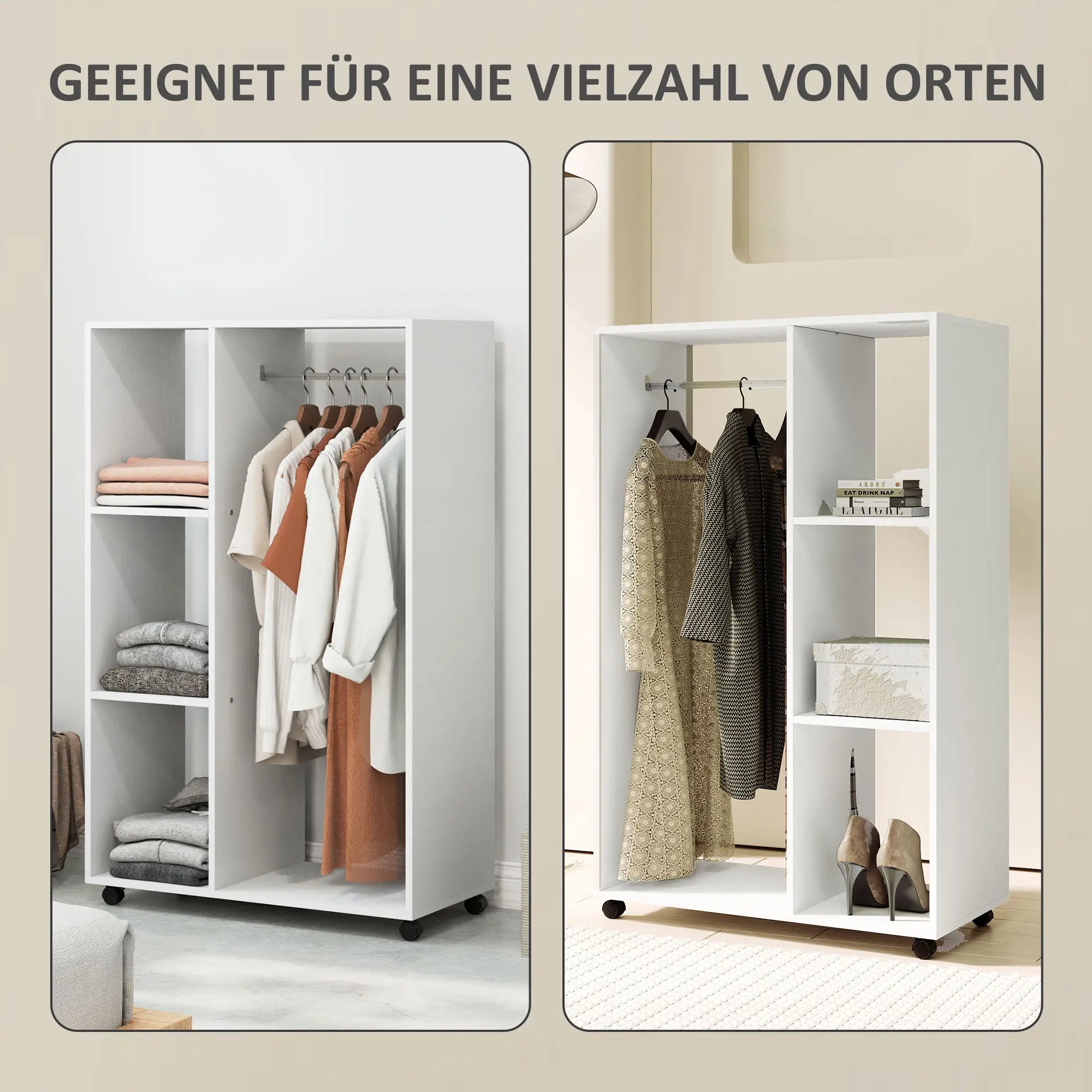 HOMCOM Kleiderschrank auf Rollen, mobile Garderobe, Garderobenschrank, Rollbarer Kleiderständer, 80 x 40 x 128 cm, Weiß