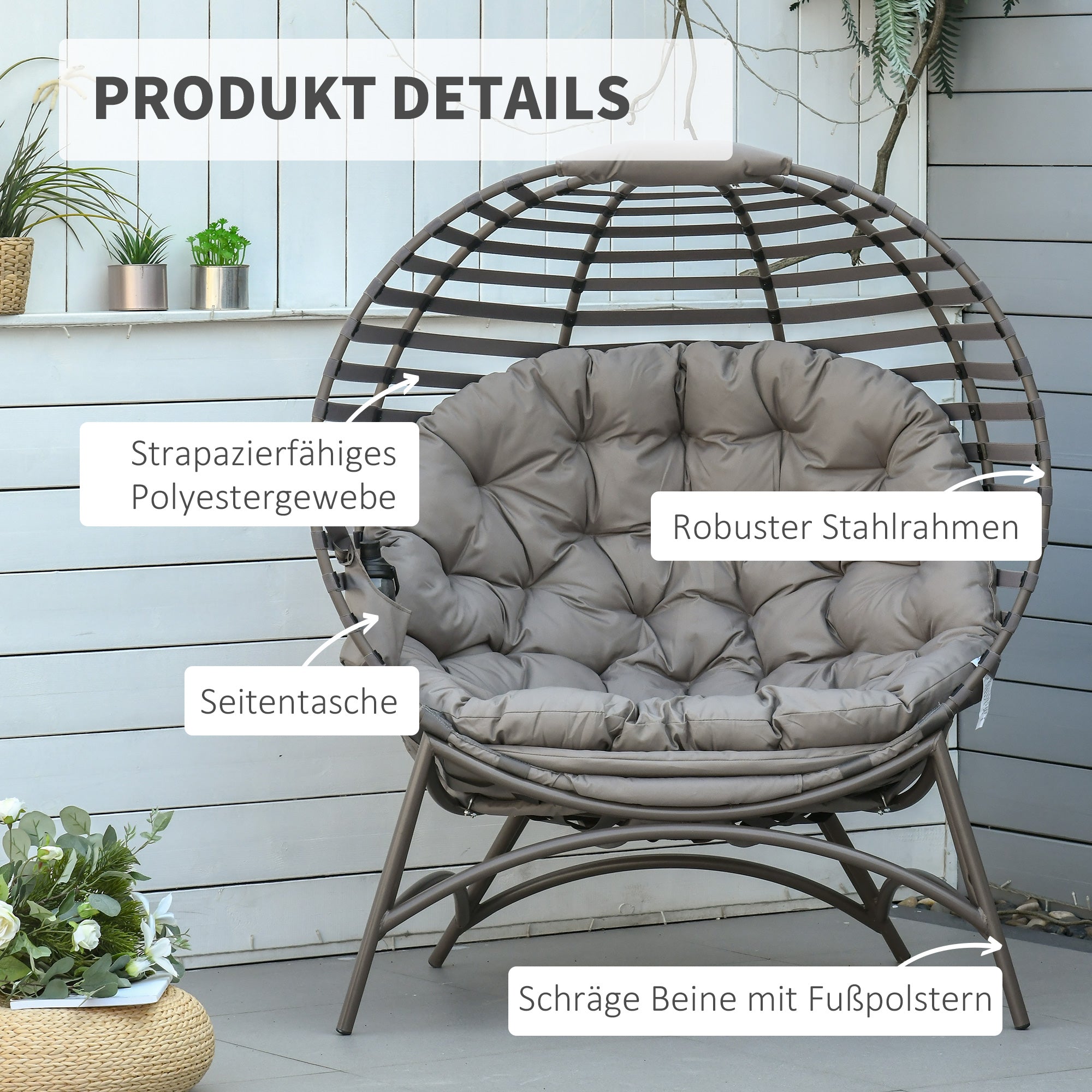 Outsunny Papasansessel Gartenstuhl 2Korb-Stuhl mit Kissen oval Loungesessel Korb faltbar Balkon Terrasse Outdoor/Indoor Sandbraun Stahl 118 x 75 x 139 cm