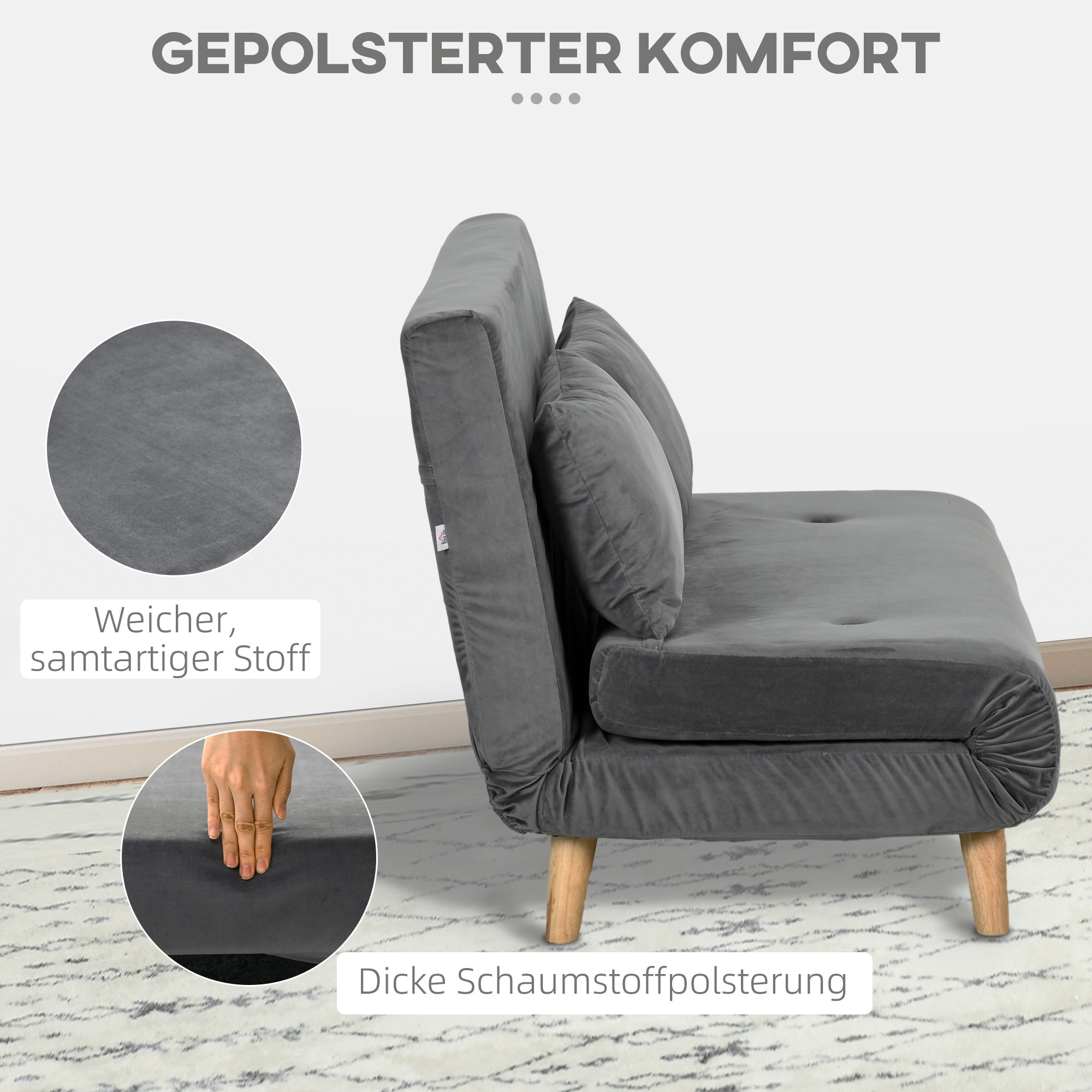 HOMCOM Schlafsofa Relaxsofa Sofa Couch, inkl. 2 Kissen, Samtoptik, 130 x 78 x 79 cm, Grau