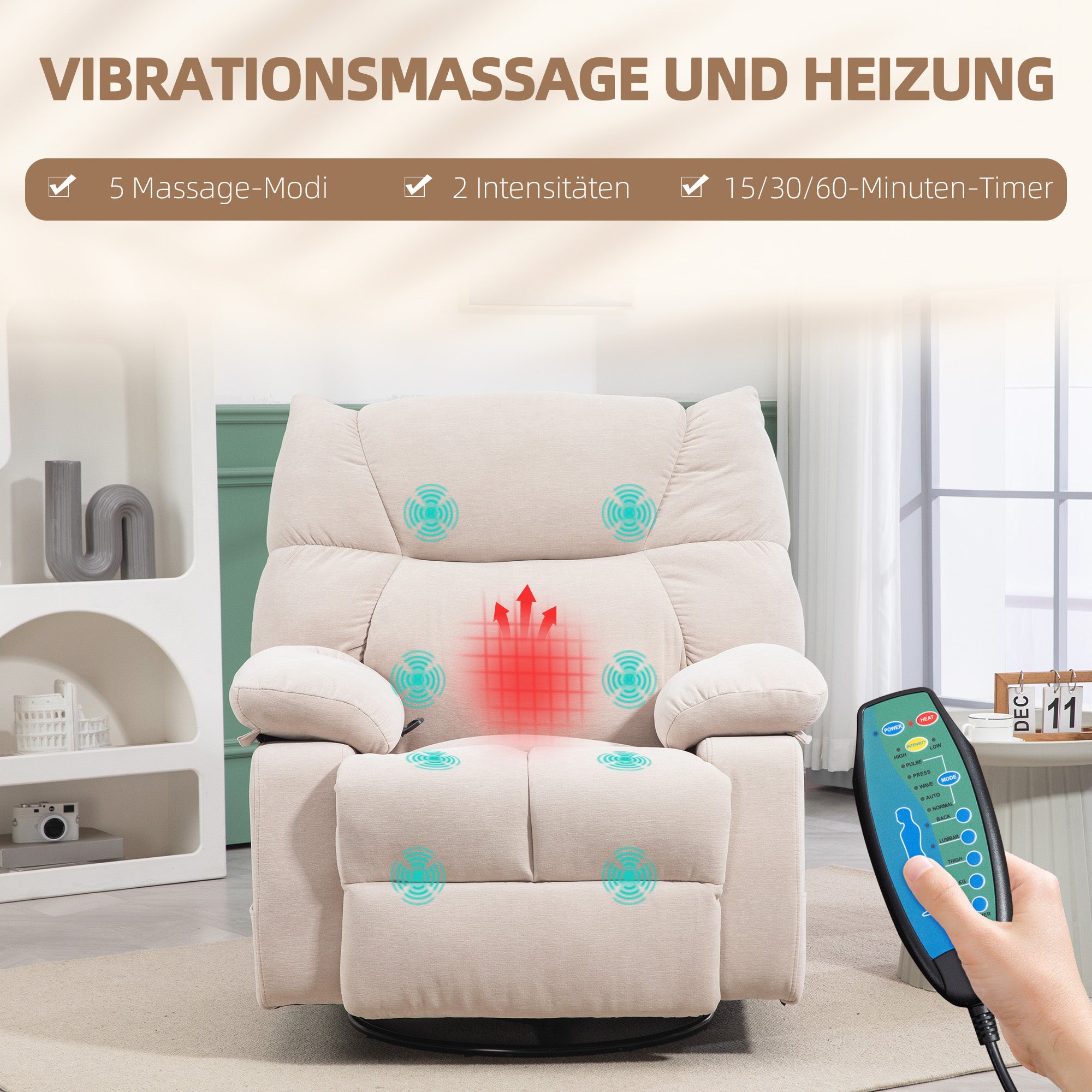 HOMCOM Massagesessel mit Wärme- & Liegefunktion, drehbar, bis 150 kg, Metallgestell, 98x90x98cm, Beige