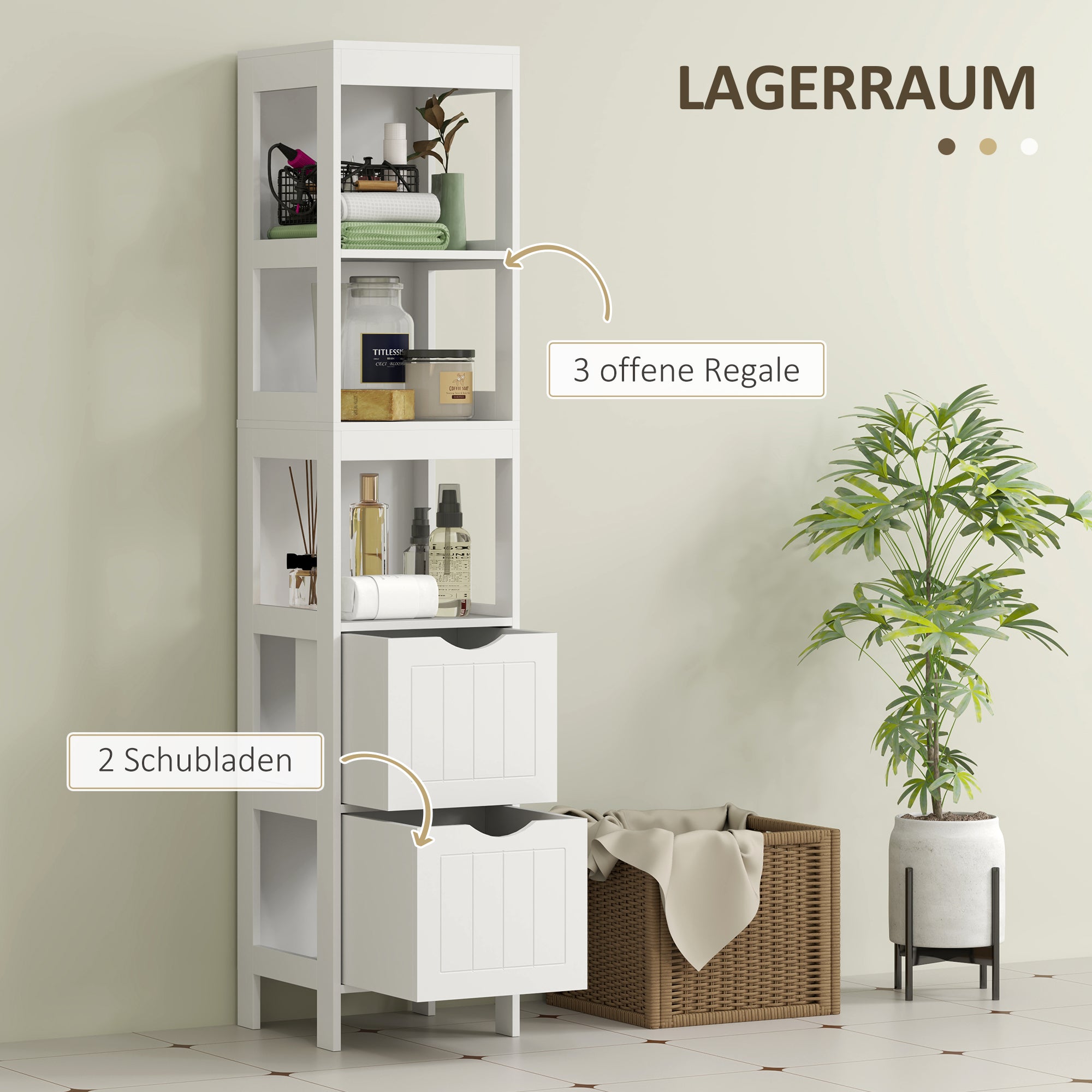 HOMCOM Badezimmerschrank, Kompaktes Badezimmerregal mit 2 Schubladen und 3 offenen Fächern, Freistehendes Badregal, MDF, Weiß