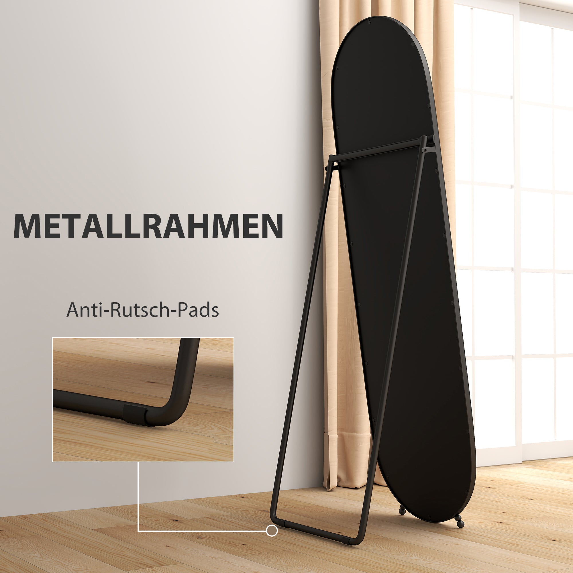 HOMCOM Ganzkörperspiegel, ovale Form, freistehend, Metallrahmen, 40x160cm, Schwarz