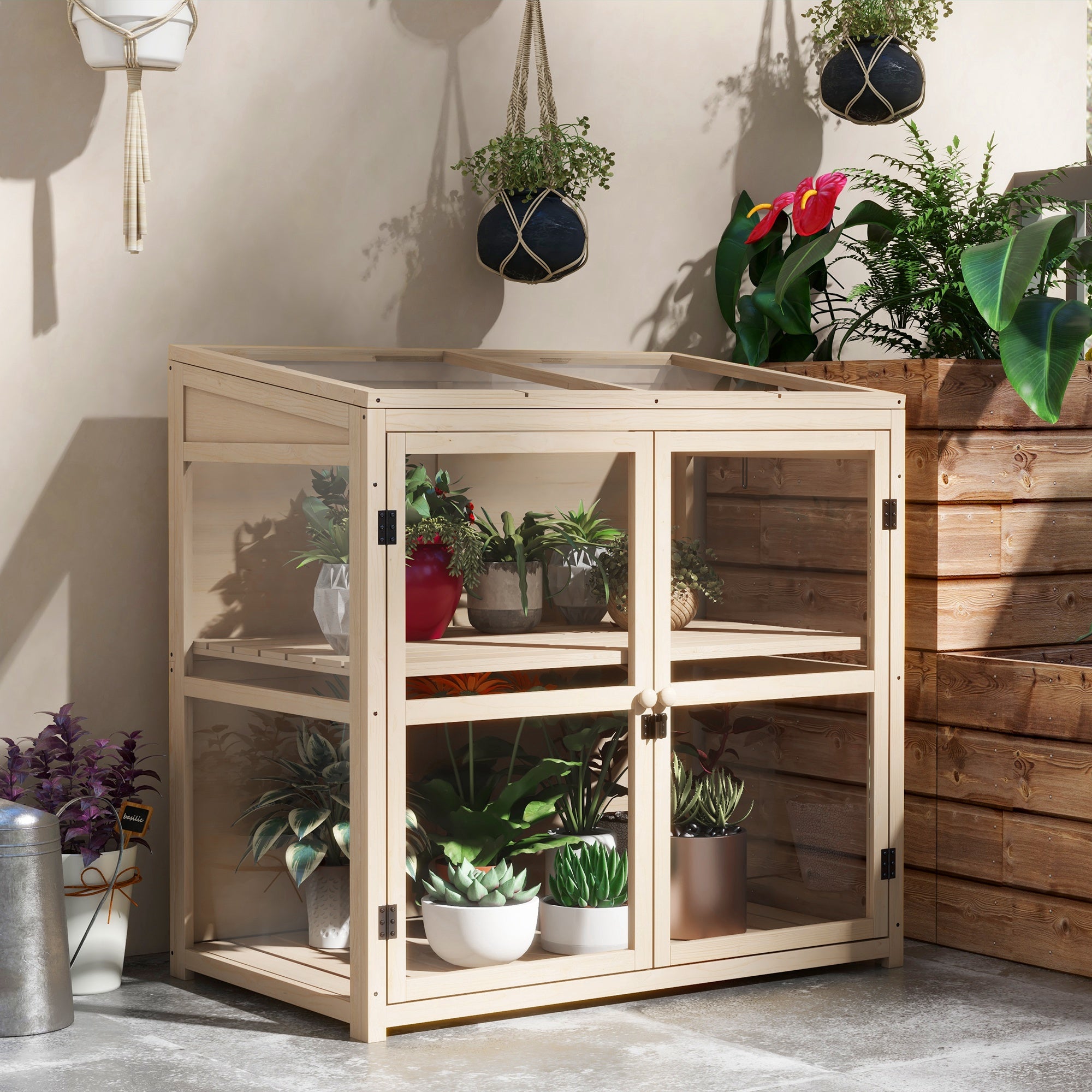 Frühbeet aus Holz 103x61?cm mit Tür & Fenster, Natur