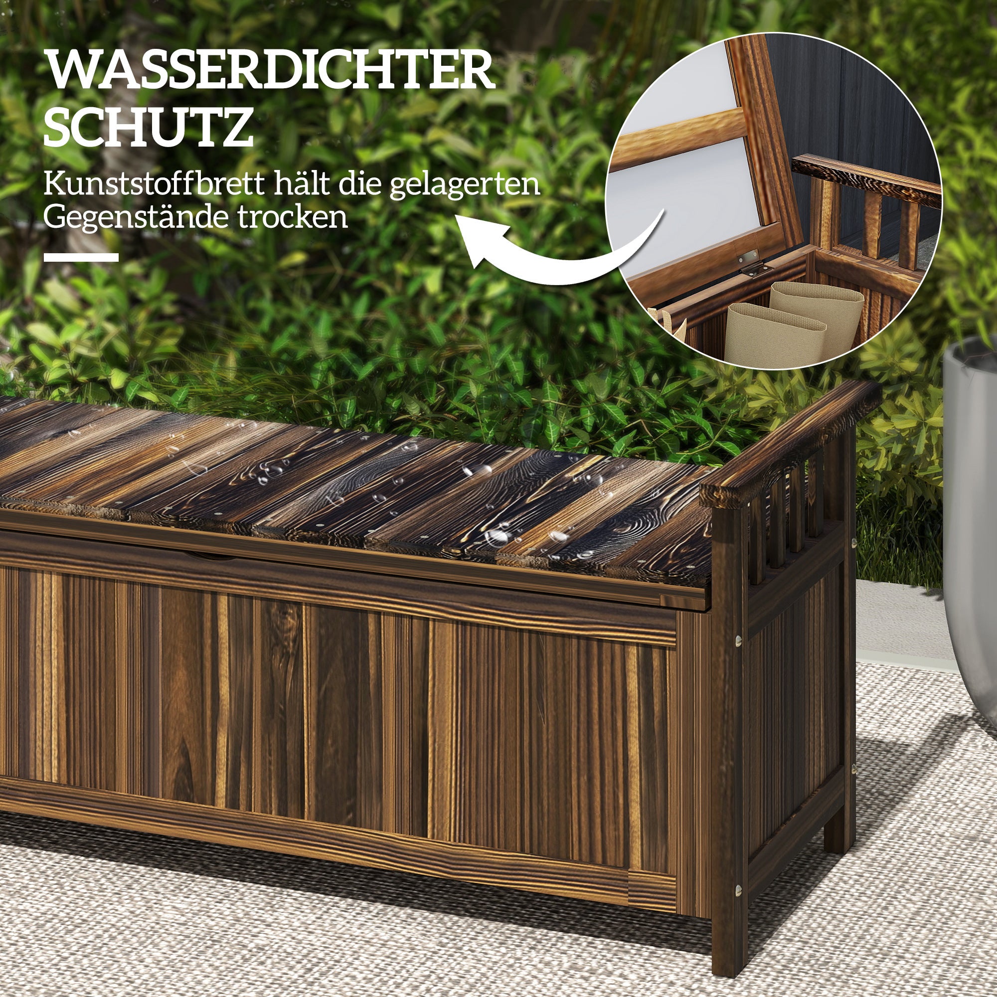 Outsunny 2-Sitzer Gartenbank Holz, wetterfest Sitzbank, Gartenmöbel mit Stauraum Armlehnen 128,5 x 56 x 53,5cm, Verkohlt