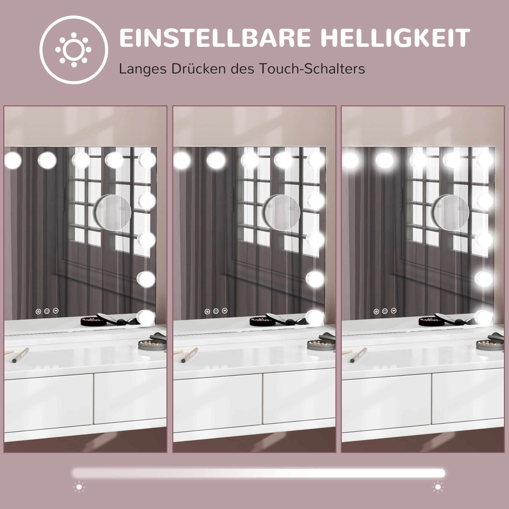 HOMCOM LED-Kosmetikspiegel, 3 Lichtmodi, dimmbar, Touch-Steuerung, USB, 58x48cm, Weiß